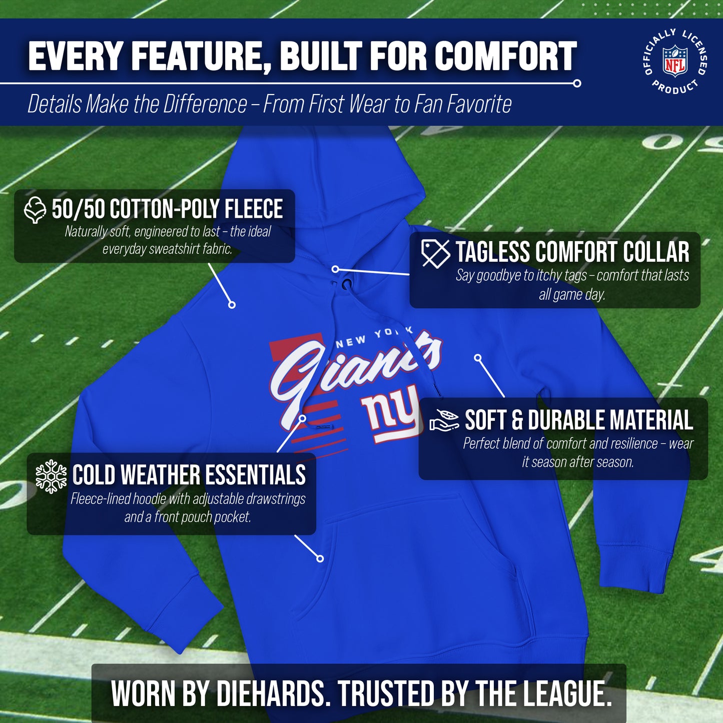 New York Giants NFL Adult Unisex Retro Script Ultra Soft Fleece Hooded Sweatshirt - Royal