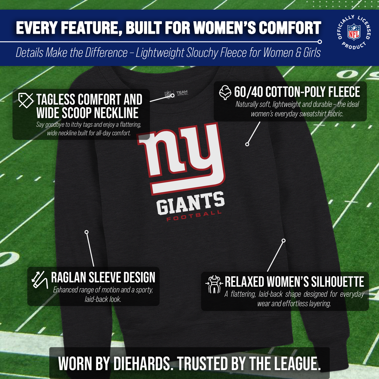 New York Giants Women's NFL Ultimate Fan Logo Slouchy Crewneck -Tagless Fleece Lightweight Pullover - Charcoal