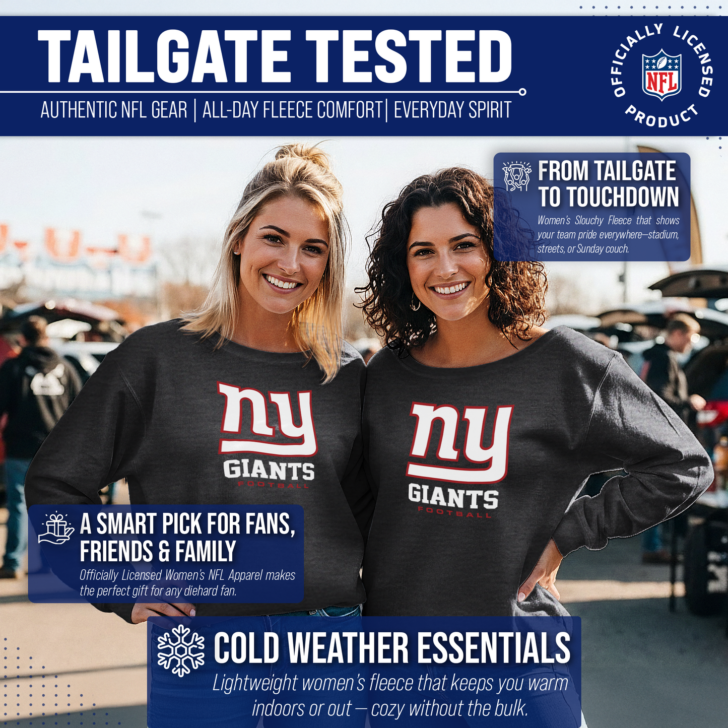 New York Giants Women's NFL Ultimate Fan Logo Slouchy Crewneck -Tagless Fleece Lightweight Pullover - Charcoal