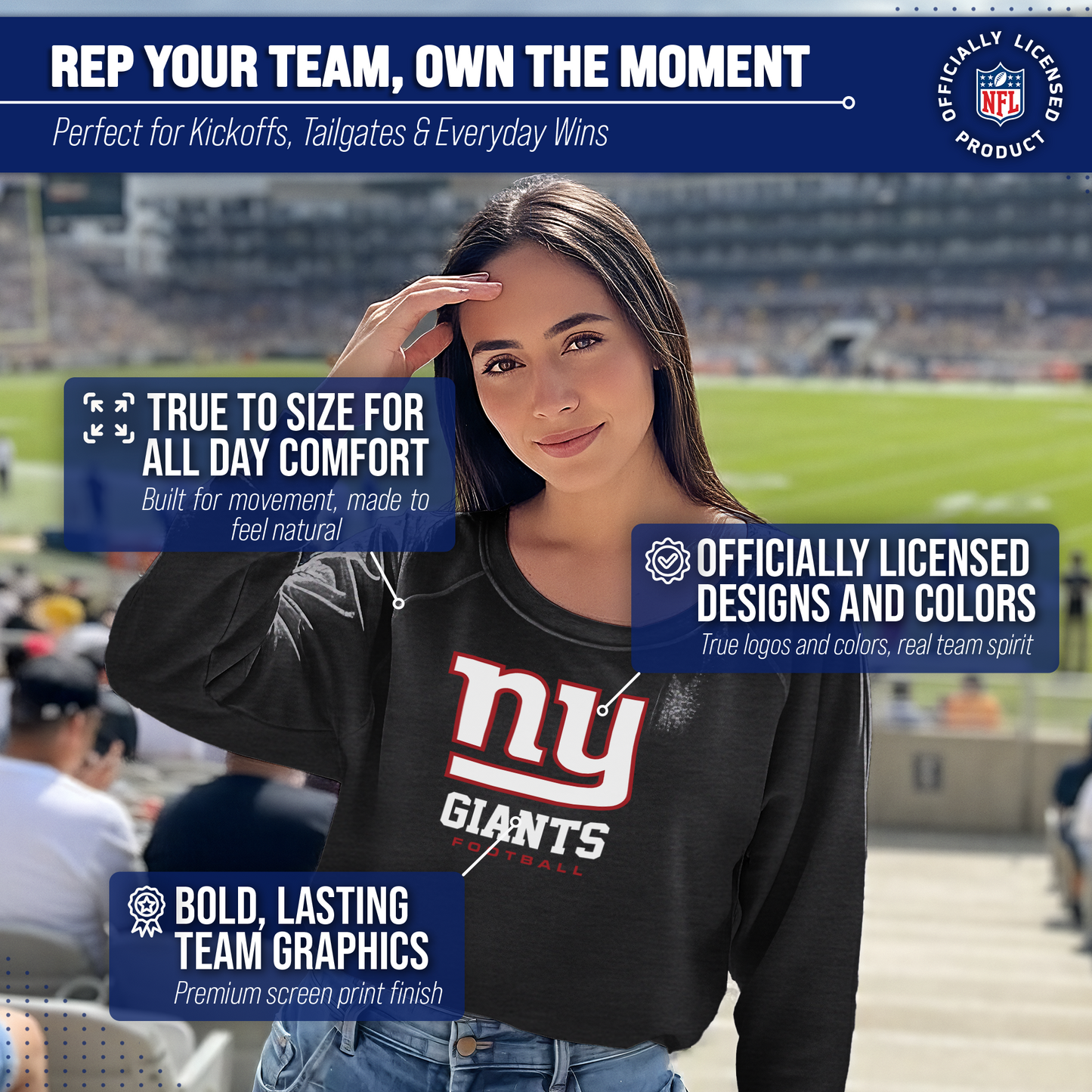 New York Giants Women's NFL Ultimate Fan Logo Slouchy Crewneck -Tagless Fleece Lightweight Pullover - Charcoal
