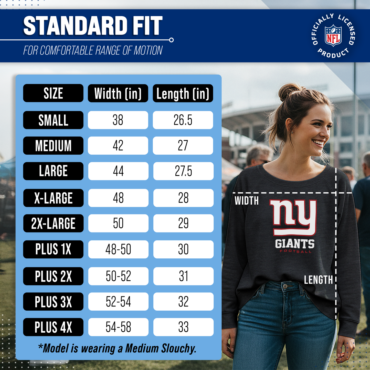 New York Giants Women's NFL Ultimate Fan Logo Slouchy Crewneck -Tagless Fleece Lightweight Pullover - Charcoal