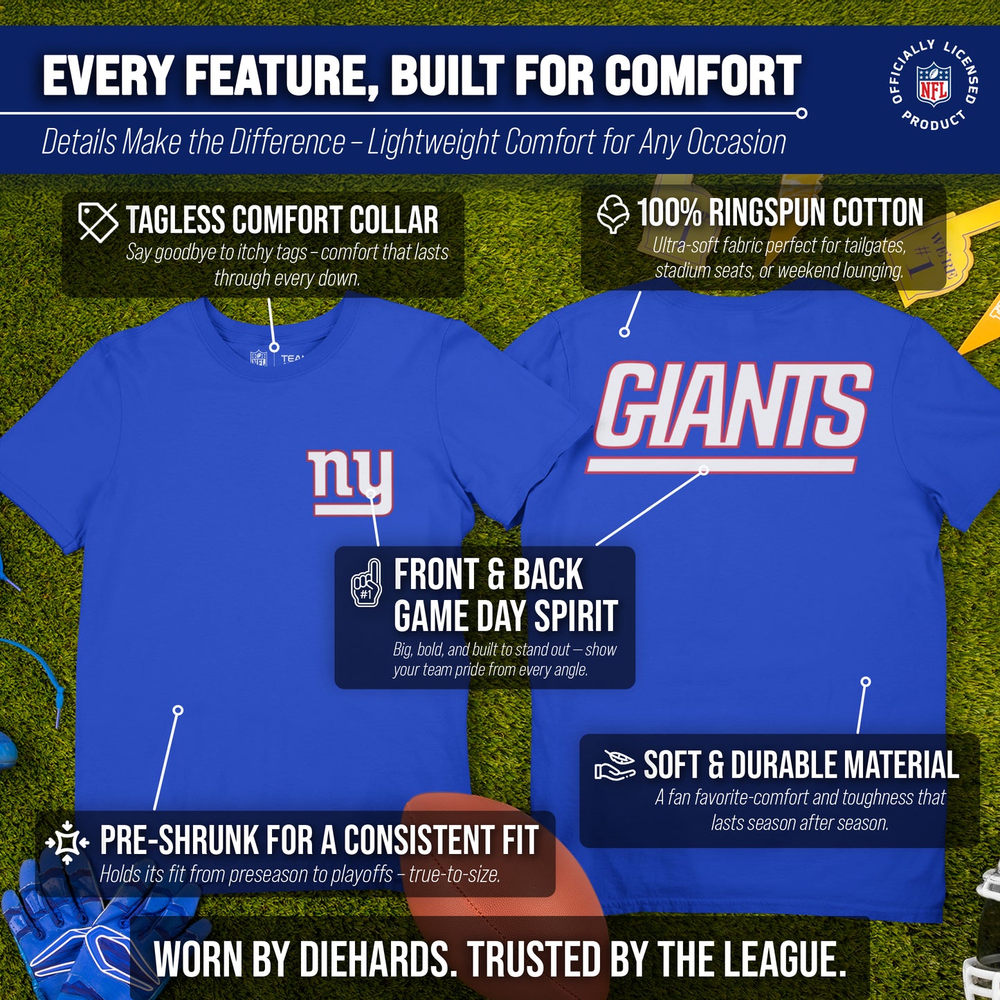 New York Giants NFL Pro Football Final Countdown Adult Cotton-Poly Short Sleeved T-Shirt For Men & Women - Royal