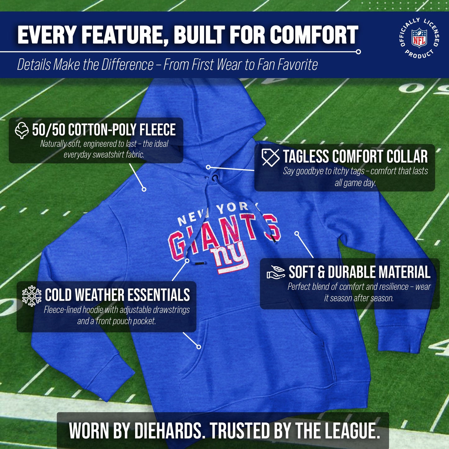 New York Giants NFL Adult Unisex Starting Fresh Ultra Soft Fleece Hooded Sweatshirt - Royal