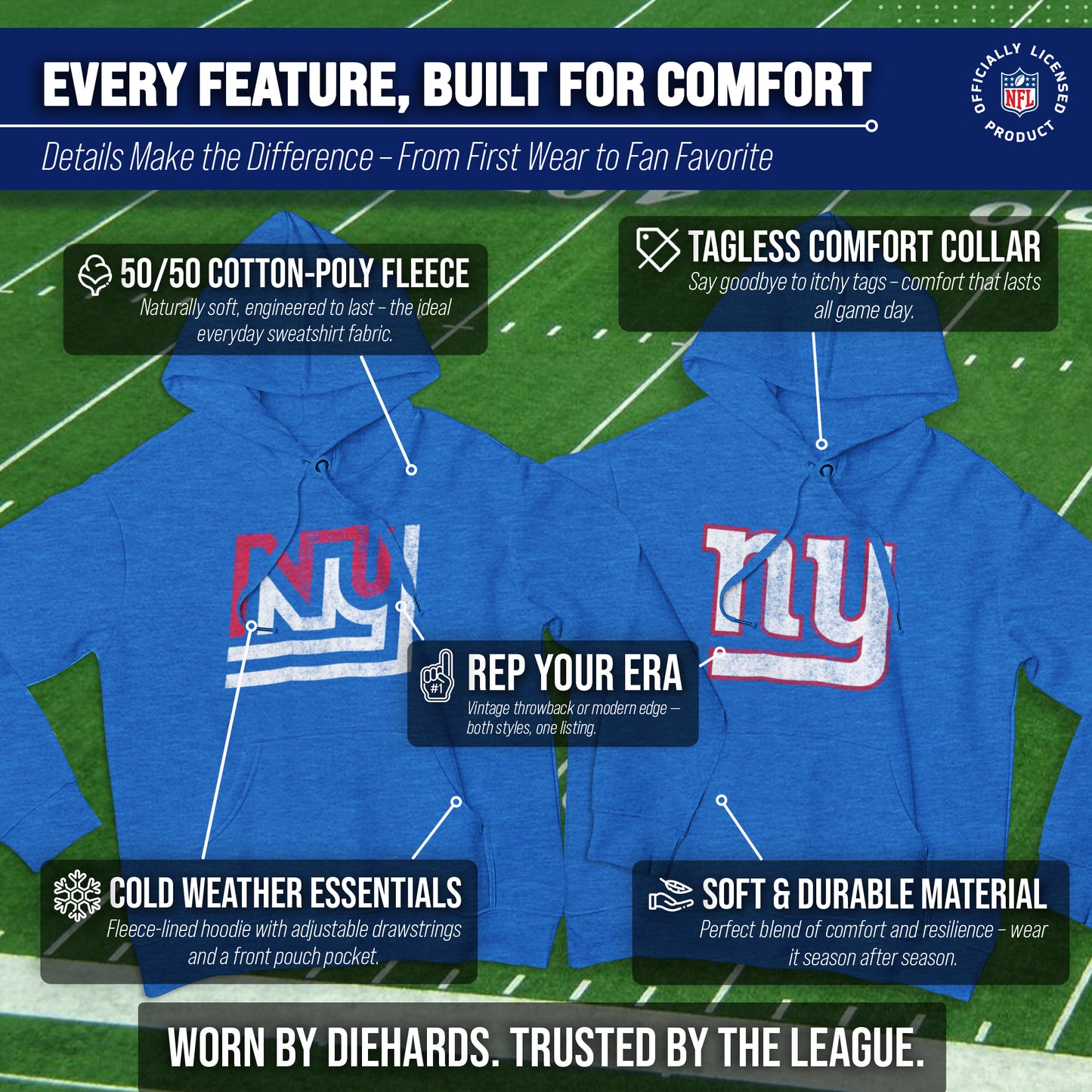 New York Giants NFL Adult Unisex Modern Throwback Ultra Soft Fleece Hooded Sweatshirt - Royal
