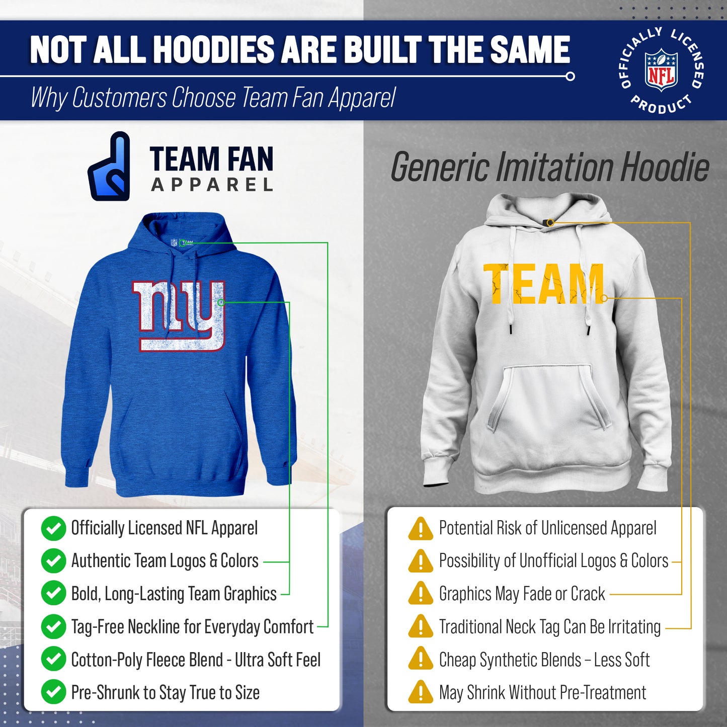 New York Giants NFL Adult Unisex Modern Throwback Ultra Soft Fleece Hooded Sweatshirt - Blue