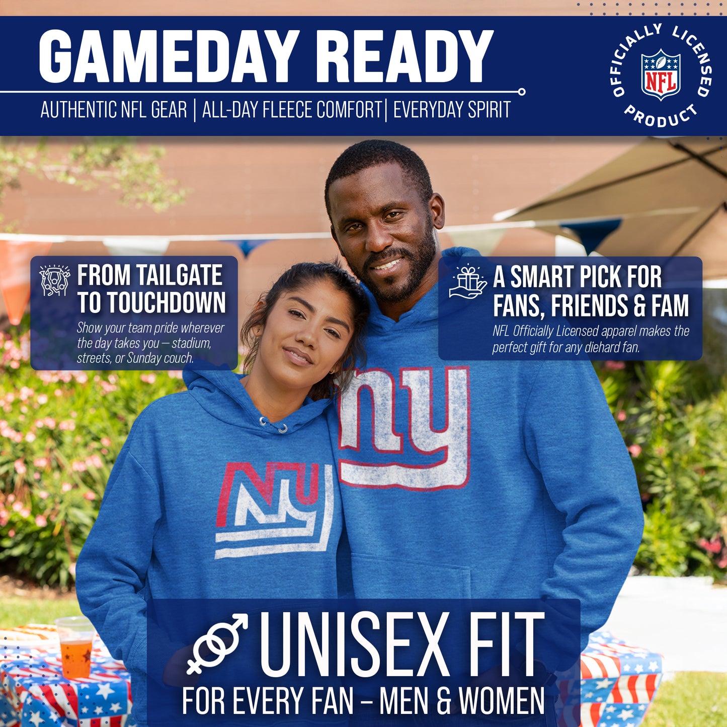 New York Giants NFL Adult Unisex Modern Throwback Ultra Soft Fleece Hooded Sweatshirt - Blue