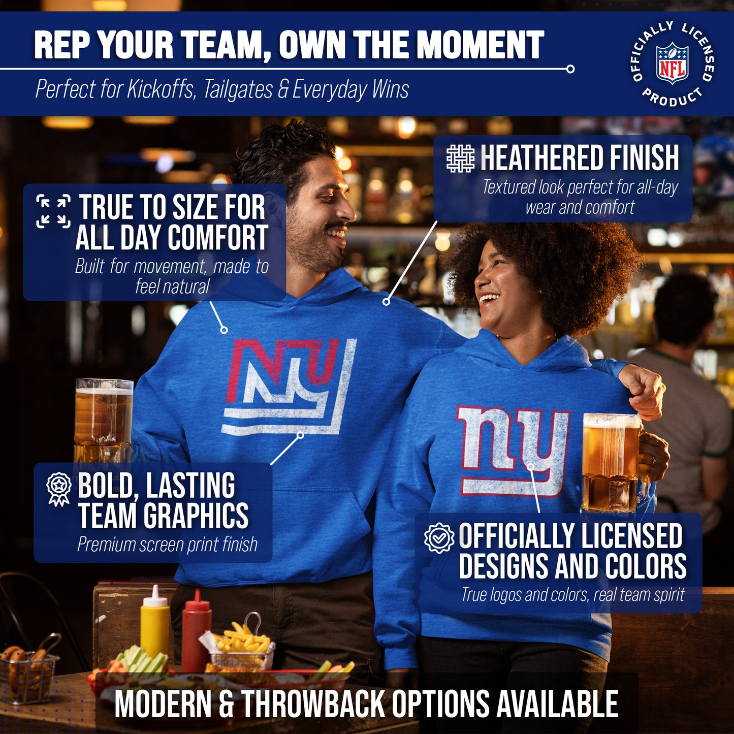 New York Giants NFL Adult Unisex Modern Throwback Ultra Soft Fleece Hooded Sweatshirt - Blue