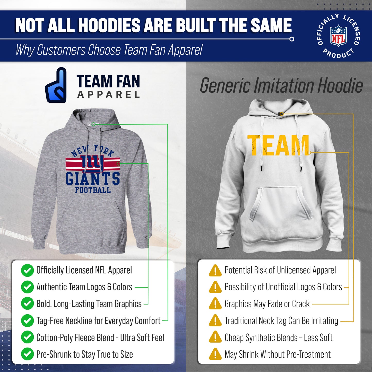 New York Giants NFL Team Stripe Hooded Sweatshirt- Soft Pullover Sports Hoodie For Men & Women - Sport Gray