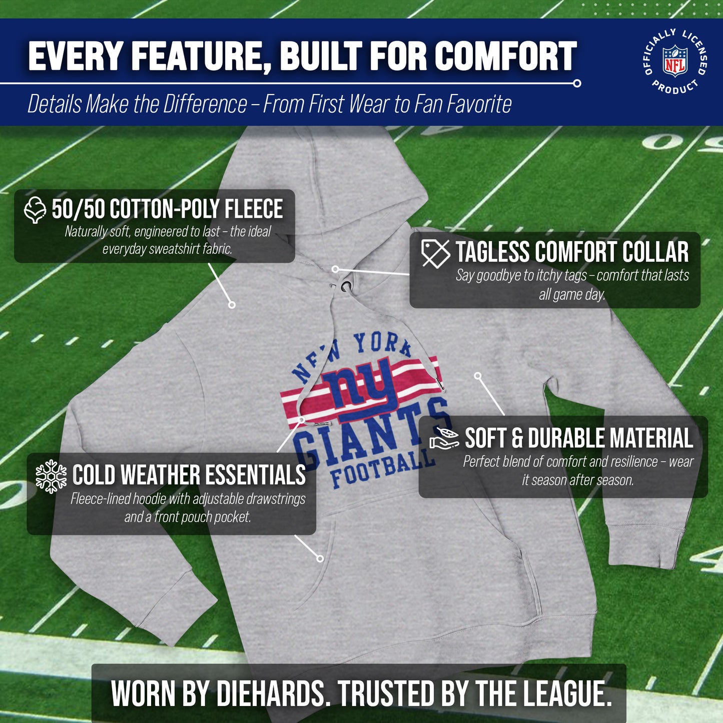 New York Giants NFL Team Stripe Hooded Sweatshirt- Soft Pullover Sports Hoodie For Men & Women - Sport Gray