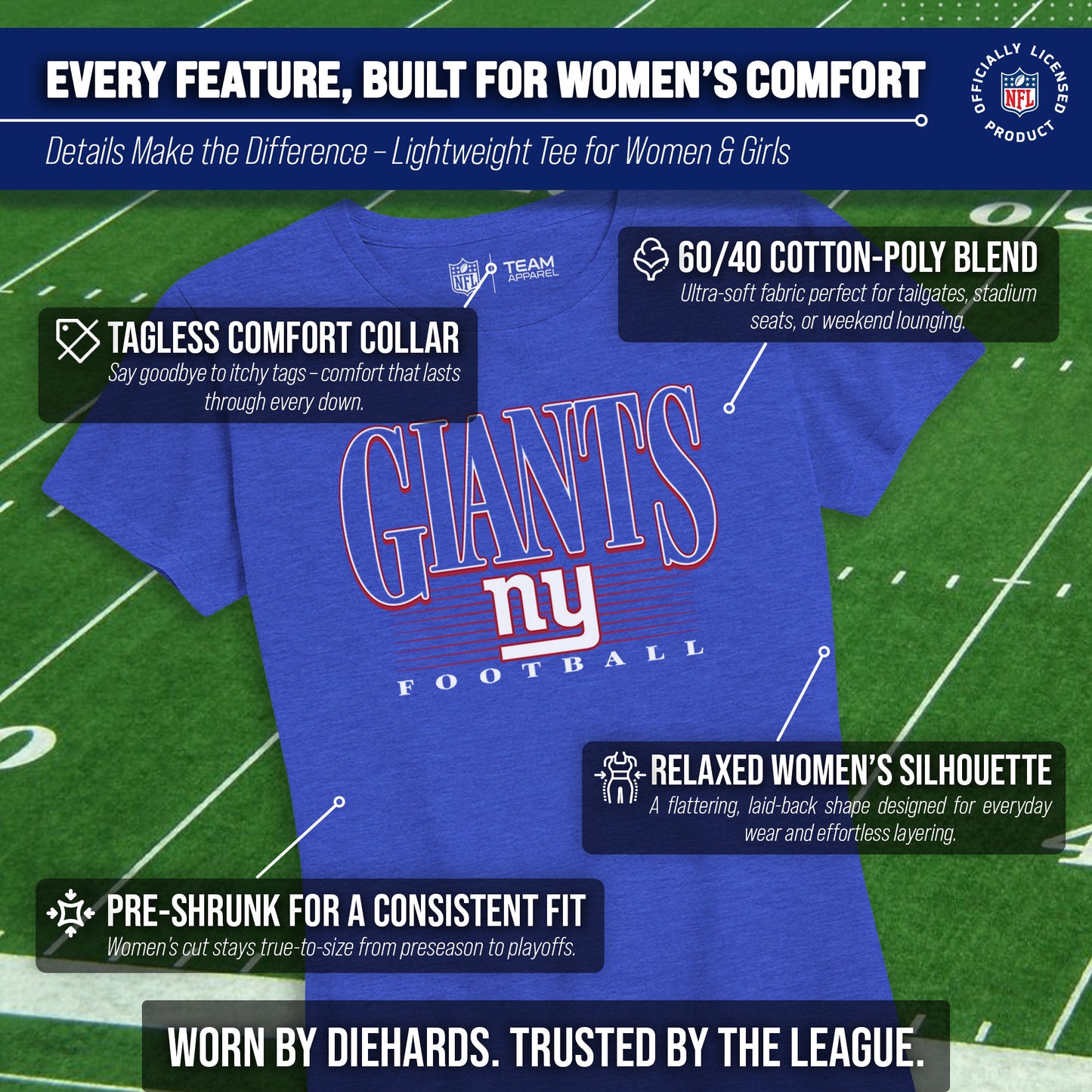 New York Giants NFL Womens Overtime Blueprint Tag-Less T-Shirt - Royal