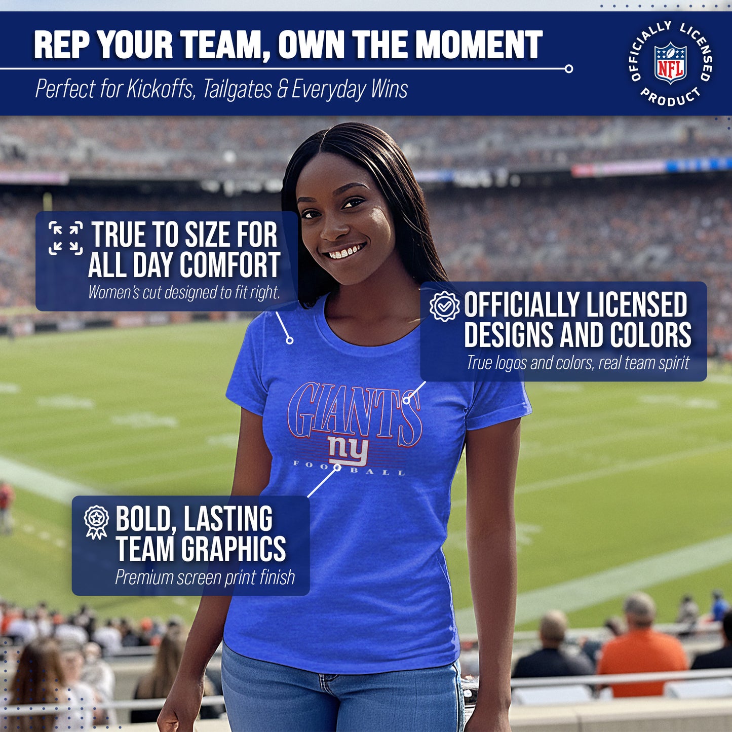 New York Giants NFL Womens Overtime Blueprint Tag-Less T-Shirt - Royal