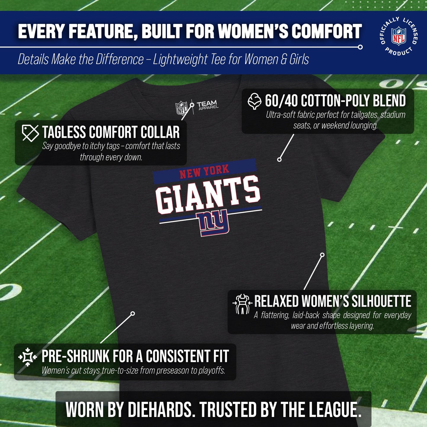 New York Giants NFL Women's Team Block Charcoal Tagless T-Shirt - Charcoal