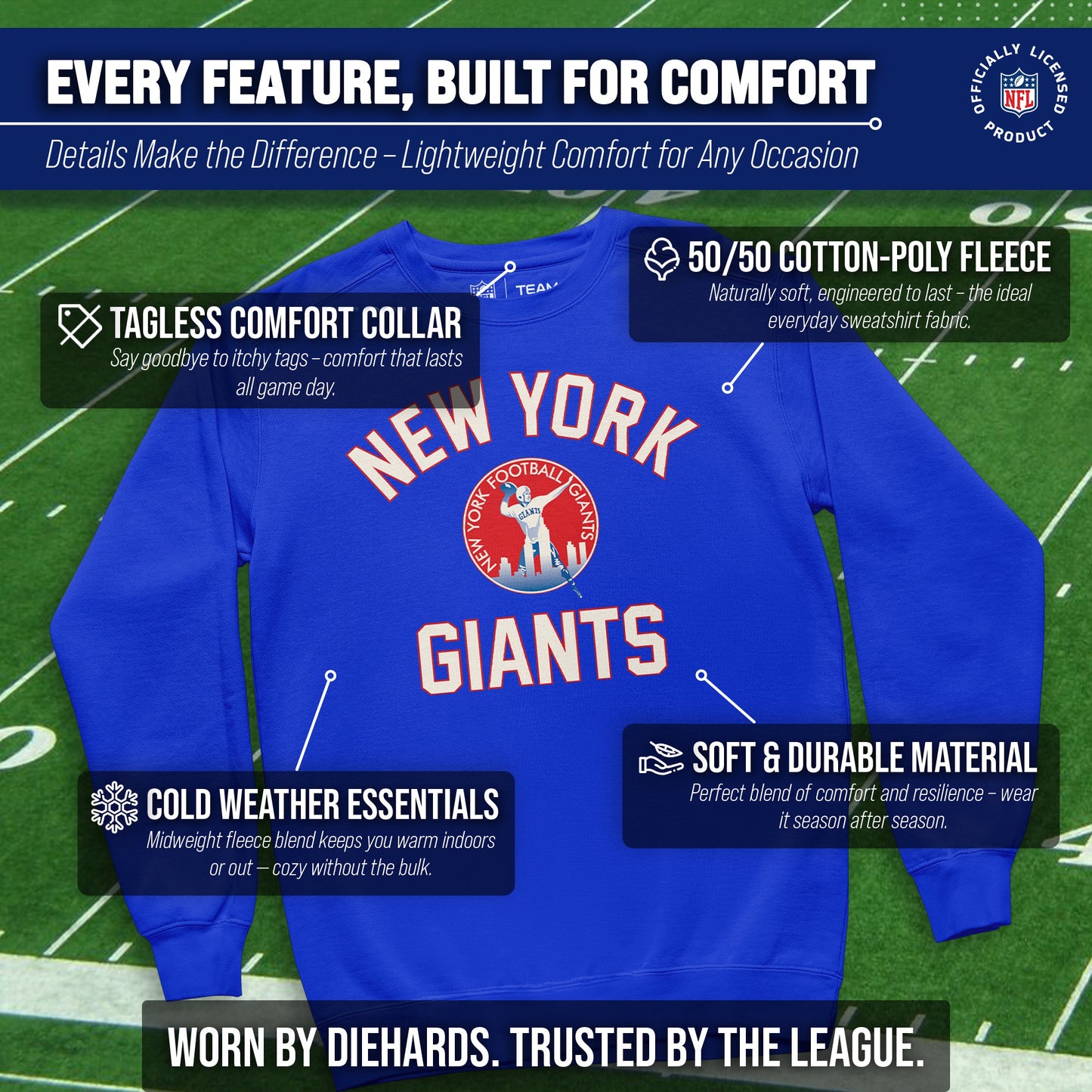 New York Giants NFL Adult Unisex Retro Gameday Ultra Soft Fleece Crewneck Sweatshirt - Royal