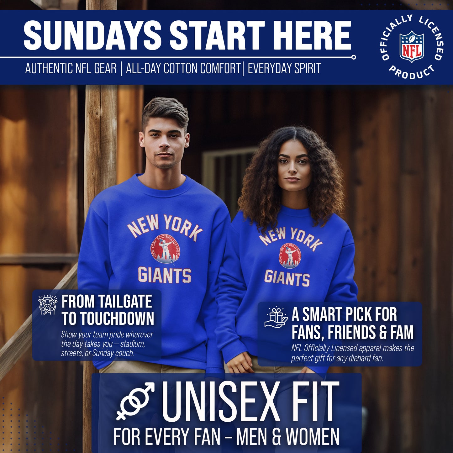 New York Giants NFL Adult Unisex Retro Gameday Ultra Soft Fleece Crewneck Sweatshirt - Royal