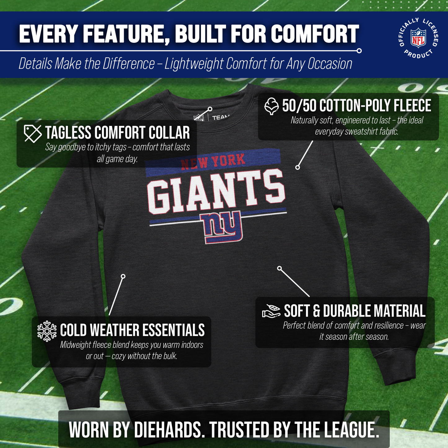 New York Giants NFL Adult Long Sleeve Team Block Charcoal Crewneck Sweatshirt - Charcoal