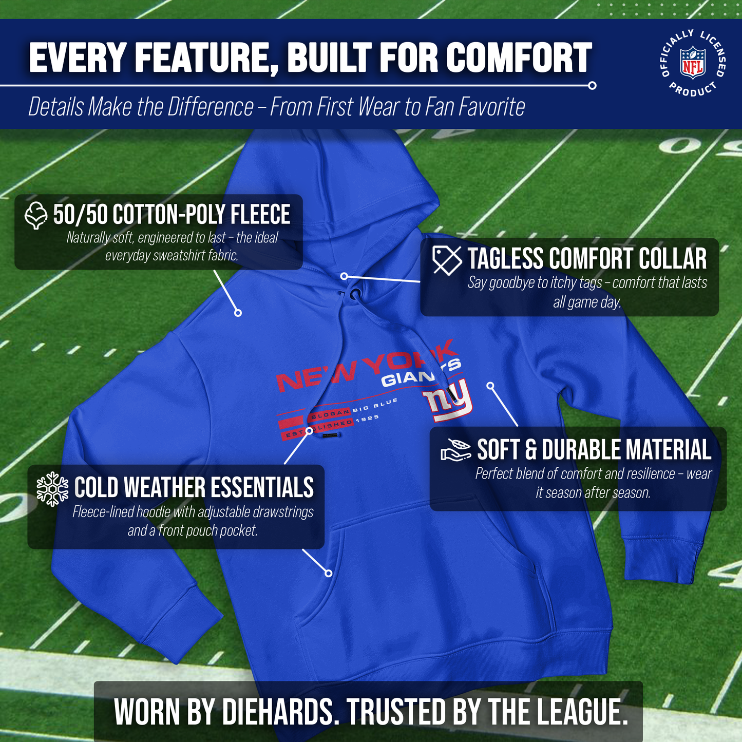 New York Giants Adult NFL Speed Stat Sheet Fleece Hooded Sweatshirt - Royal