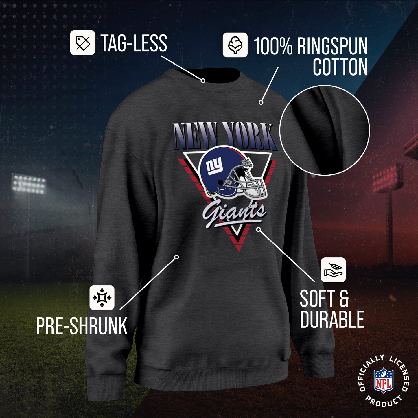 New York Giants NFL Womens Retro Triangle Slouchy Crewneck - Heather Charcoal