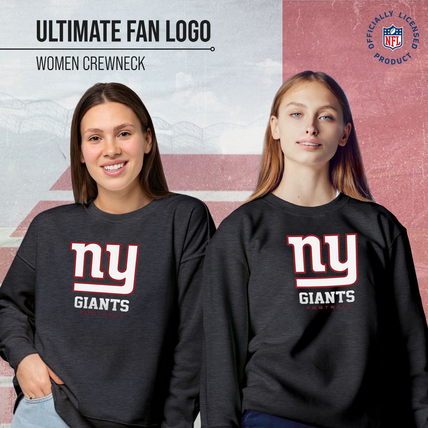 New York Giants Women's NFL Ultimate Fan Logo Slouchy Crewneck -Tagless Fleece Lightweight Pullover - Charcoal
