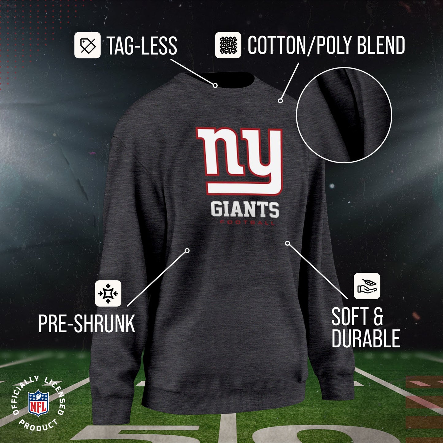 New York Giants Women's NFL Ultimate Fan Logo Slouchy Crewneck -Tagless Fleece Lightweight Pullover - Charcoal