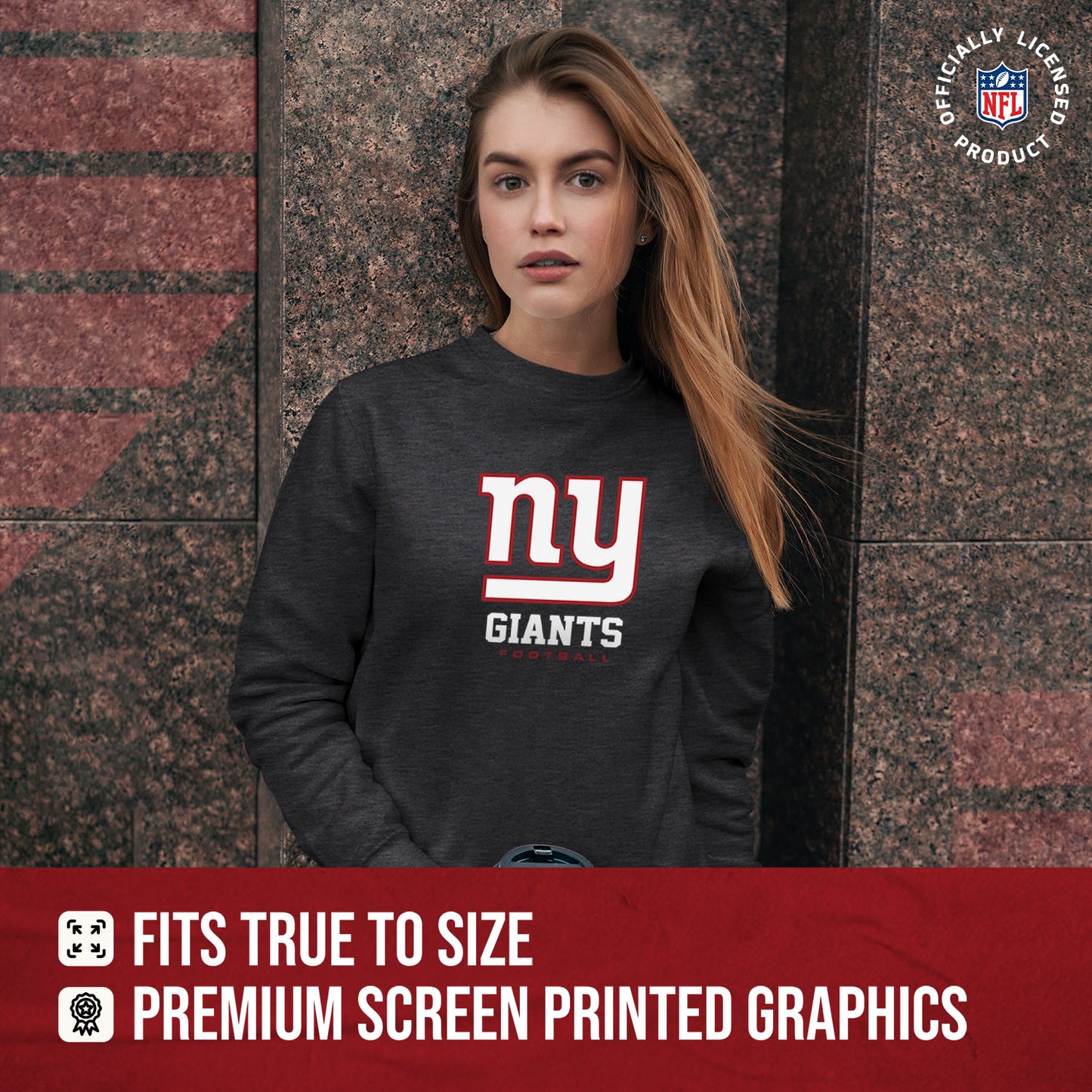 New York Giants Women's NFL Ultimate Fan Logo Slouchy Crewneck -Tagless Fleece Lightweight Pullover - Charcoal