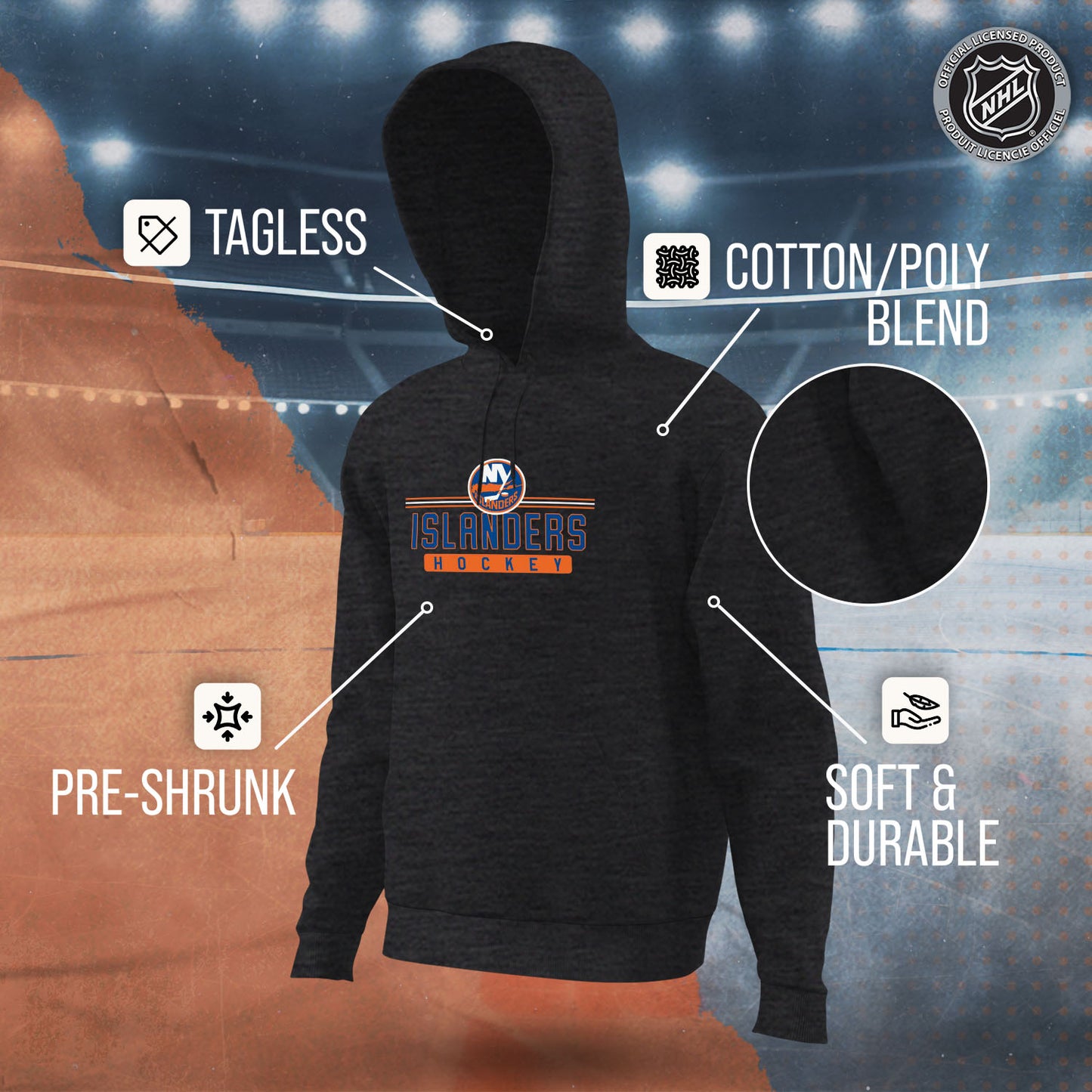 New York Islanders NHL Adult Heather Charcoal True Fan Hooded Sweatshirt Unisex - Charcoal