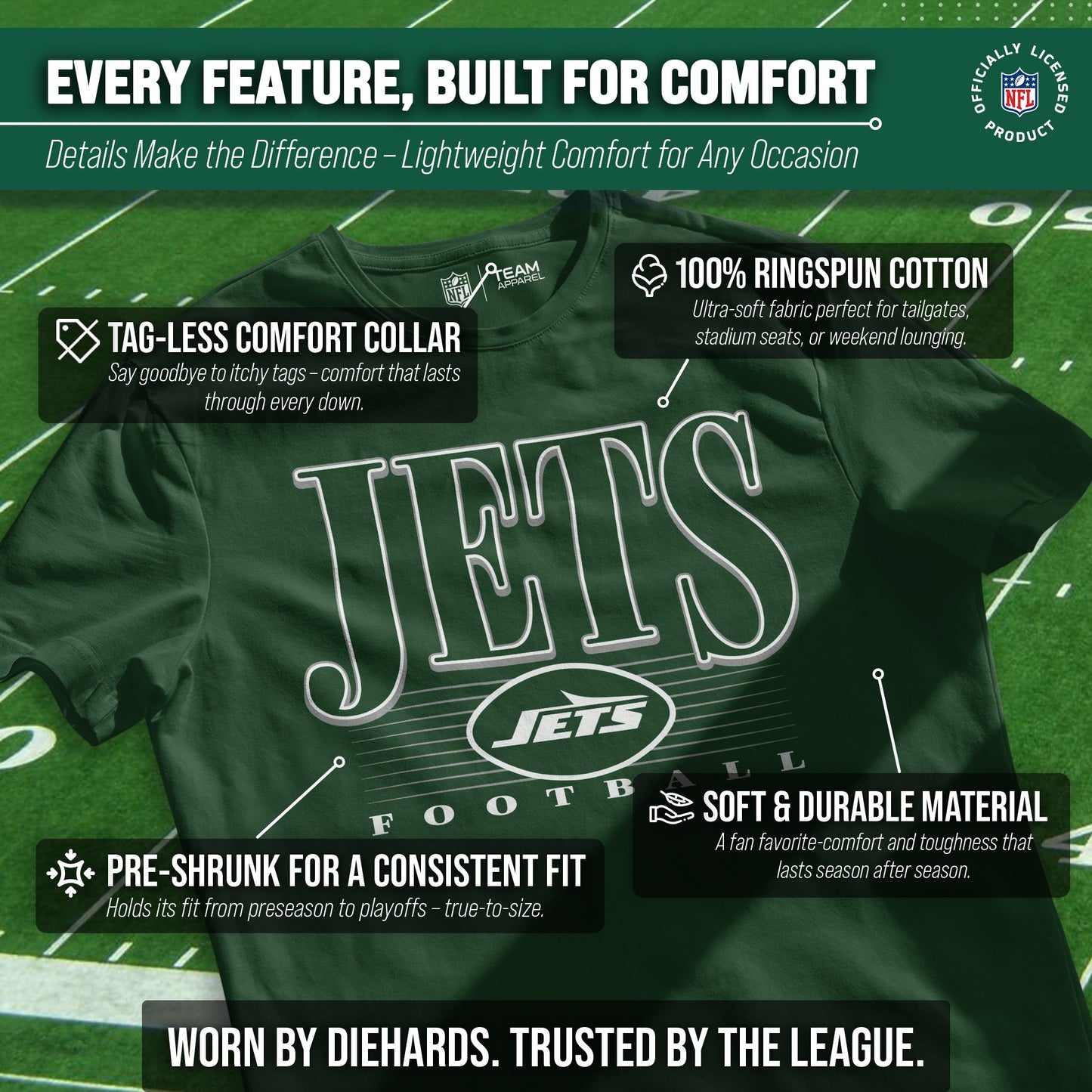 New York Jets NFL Adult Overtime Blueprint Tag-Less T-Shirt - Forest Green