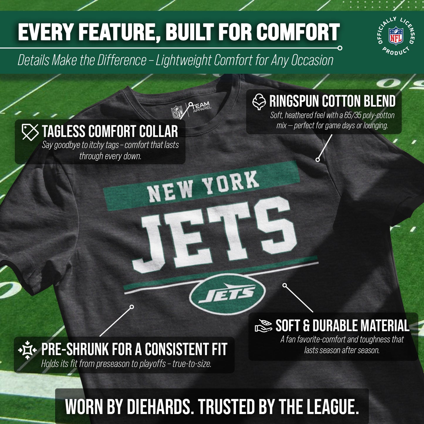 New York Jets NFL Adult Team Block Tagless T-Shirt - Charcoal