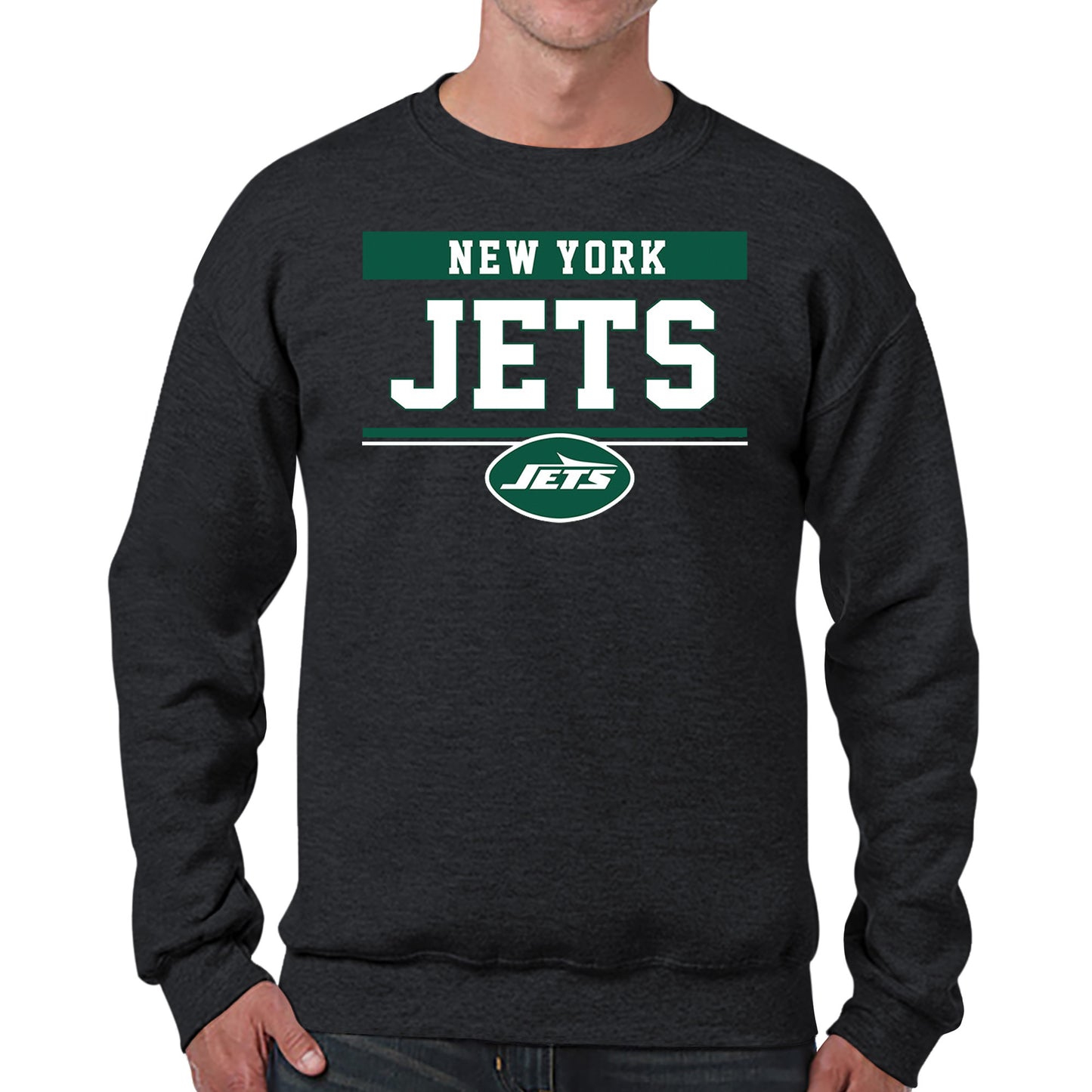 New York Jets NFL Adult Long Sleeve Team Block Charcoal Crewneck Sweatshirt - Charcoal