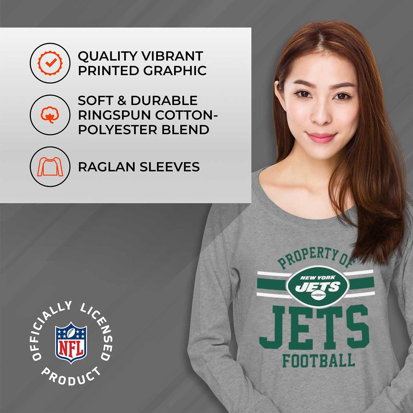 New York Jets NFL Womens Plus Size Property of Lightweight Crew Neck - Sport Gray