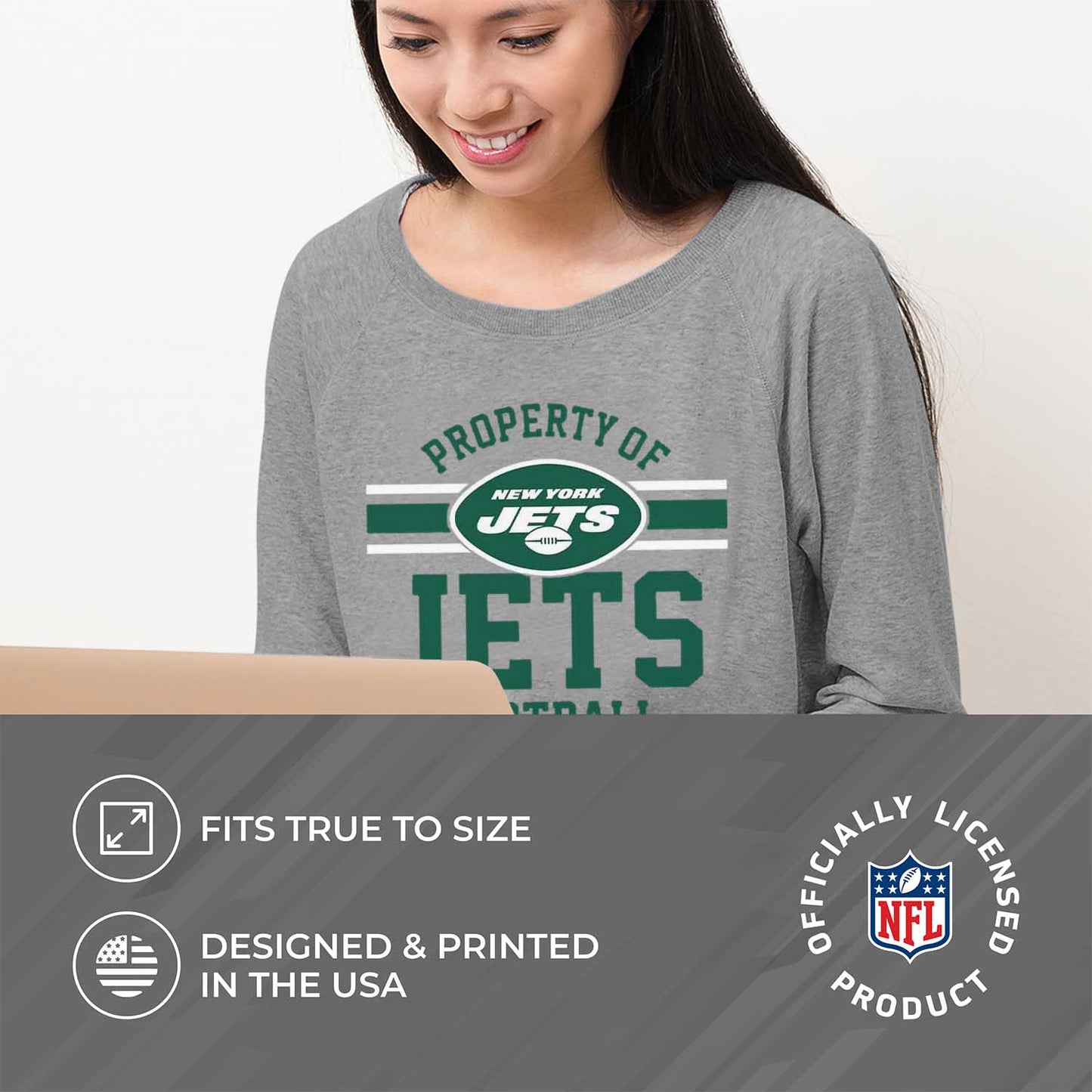 New York Jets NFL Womens Plus Size Property of Lightweight Crew Neck - Sport Gray