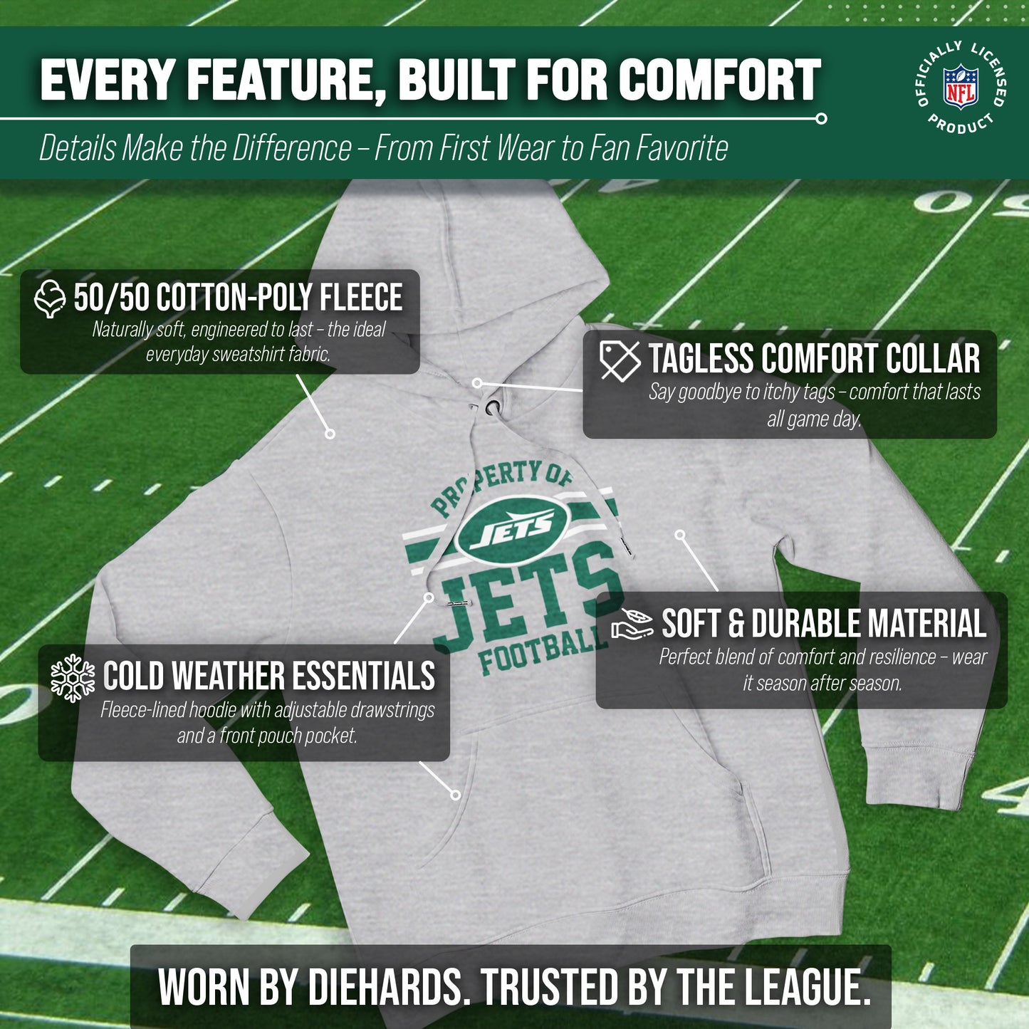 New York Jets NFL Adult Property Of Hooded Sweatshirt - Sport Gray