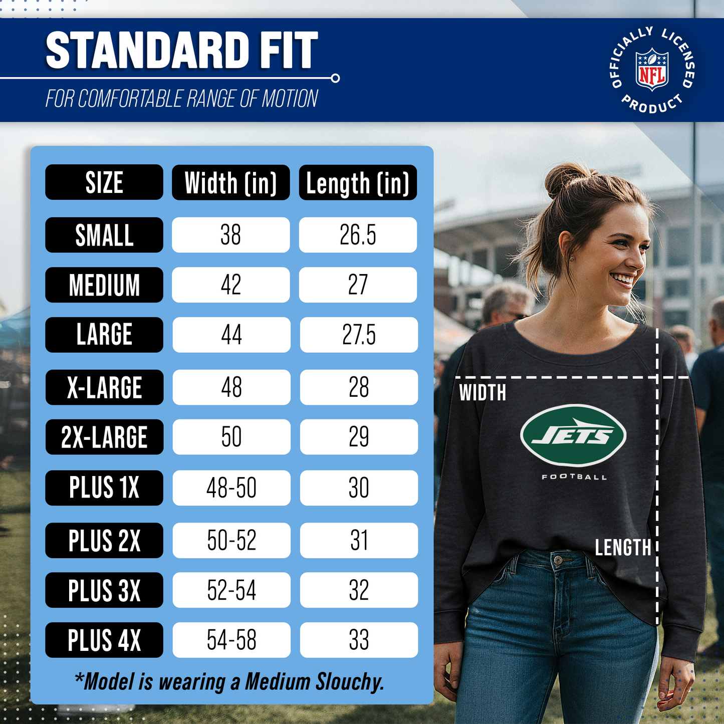 New York Jets Women's NFL Ultimate Fan Logo Slouchy Crewneck -Tagless Fleece Lightweight Pullover - Charcoal