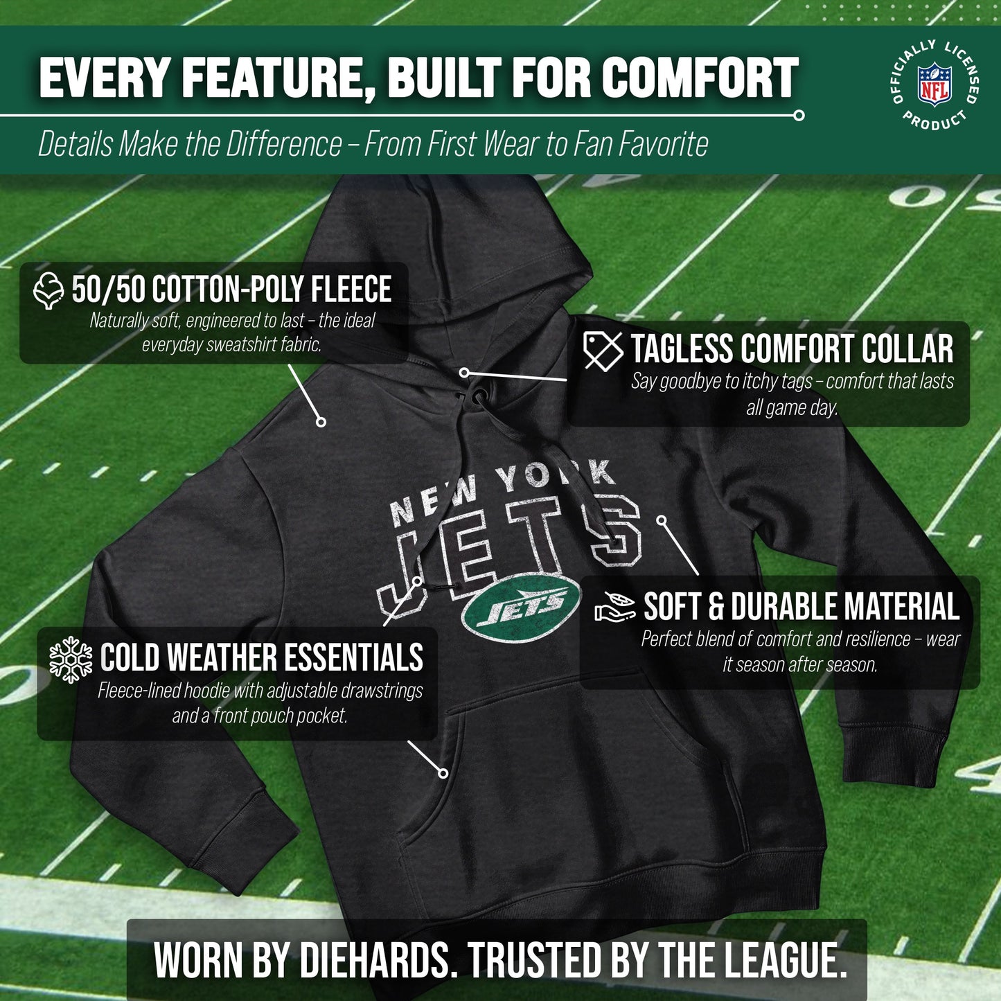 New York Jets NFL Adult Unisex Starting Fresh Ultra Soft Fleece Hooded Sweatshirt - Black Heather