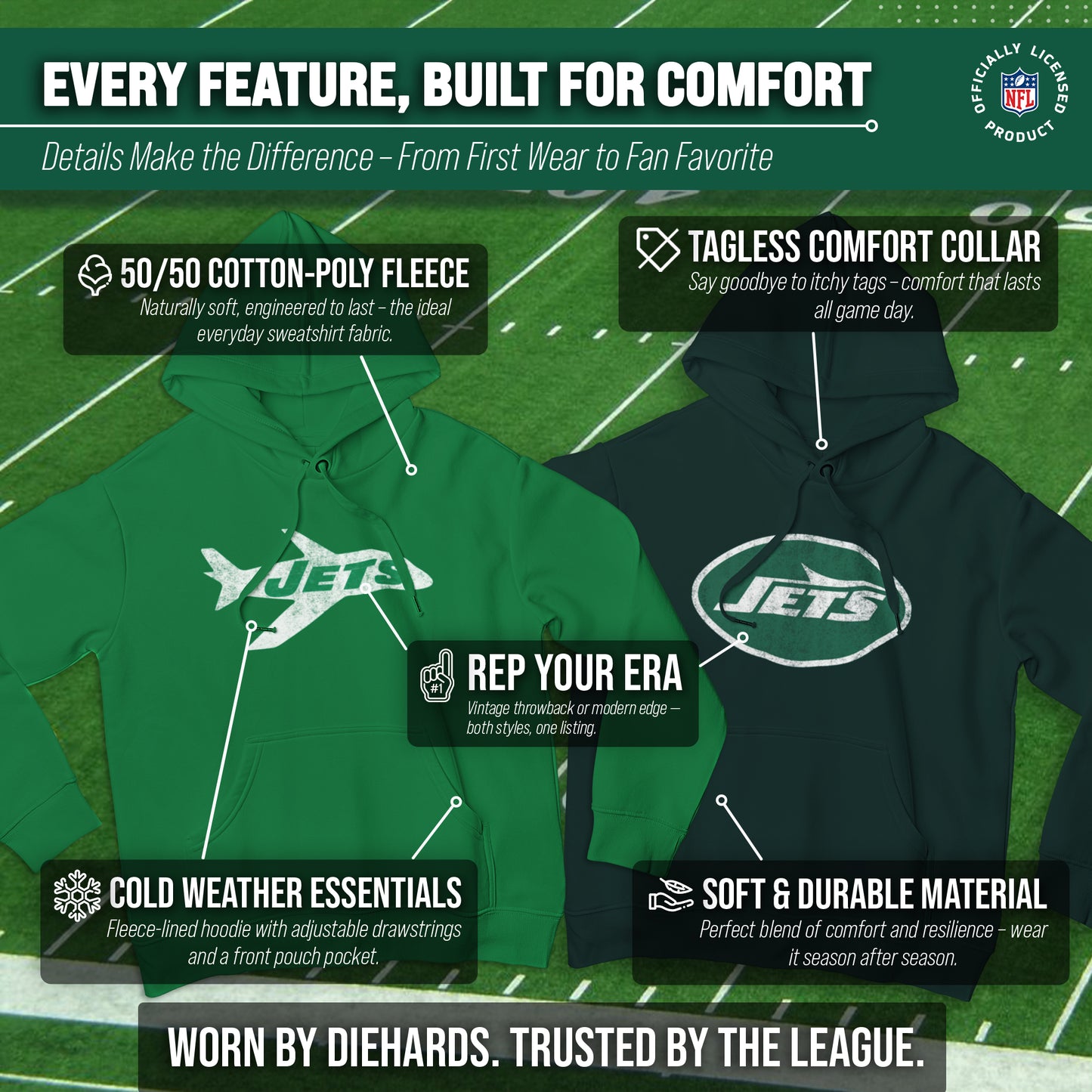 New York Jets NFL Adult Unisex Modern Throwback Ultra Soft Fleece Hooded Sweatshirt - Kelly Green