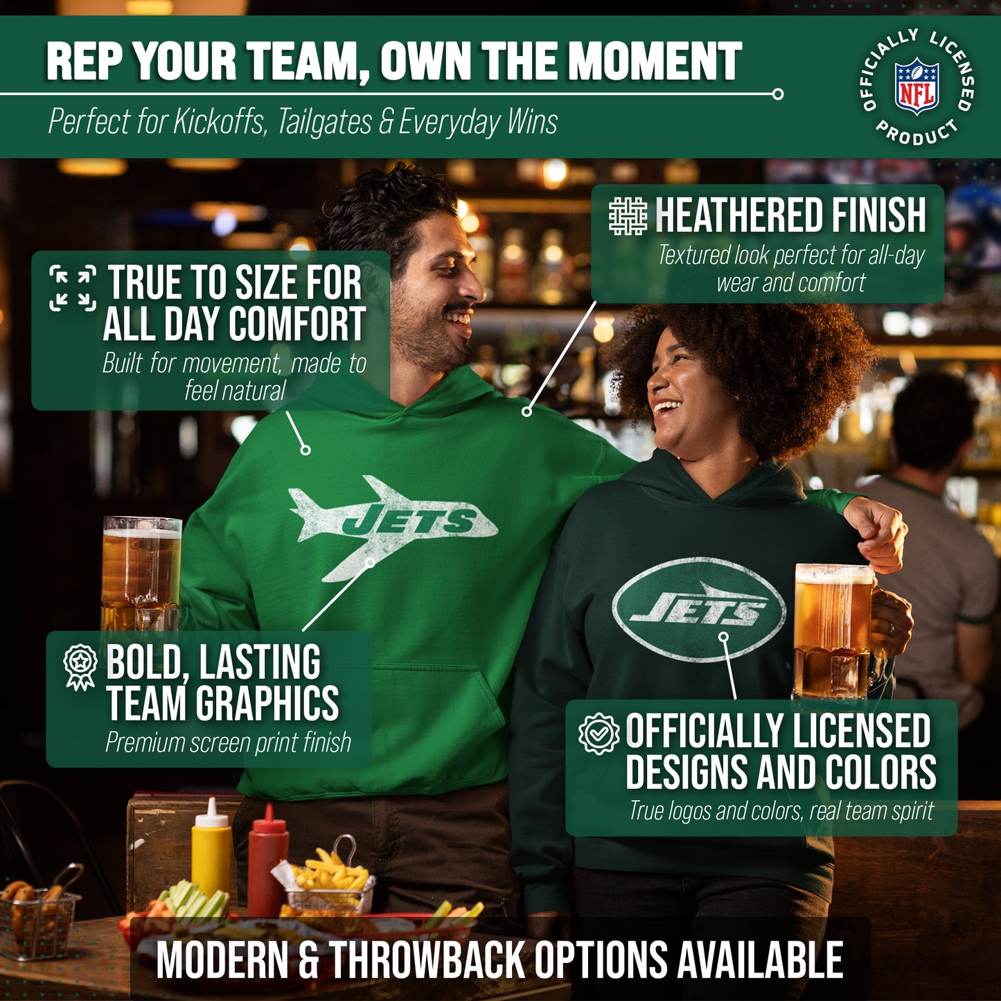 New York Jets NFL Adult Unisex Modern Throwback Ultra Soft Fleece Hooded Sweatshirt - Kelly Green