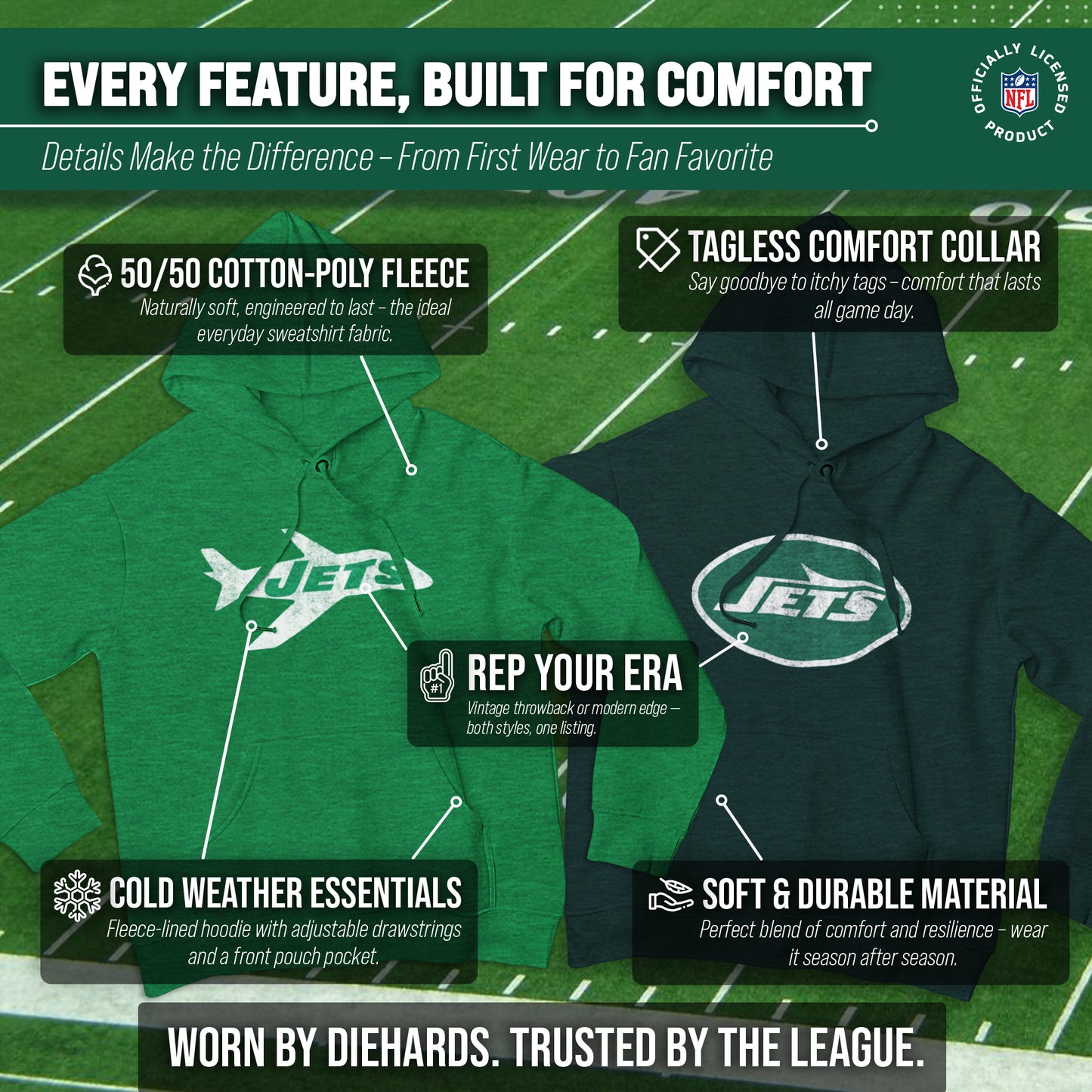 New York Jets NFL Adult Unisex Modern Throwback Ultra Soft Fleece Hooded Sweatshirt - Green