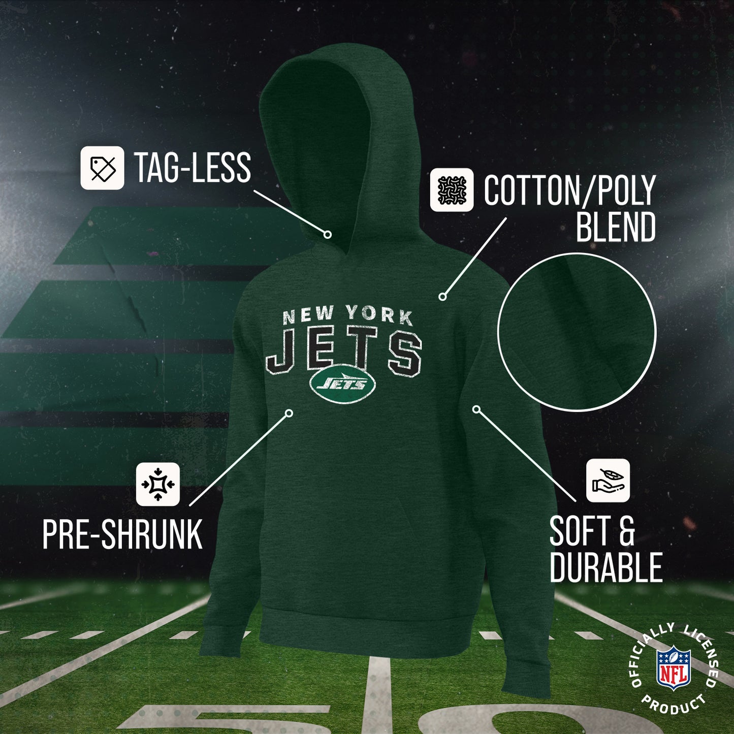 New York Jets NFL Youth Starting Fresh Hoodie- Pro Football Sweatshirt for Boys and Girls - Green