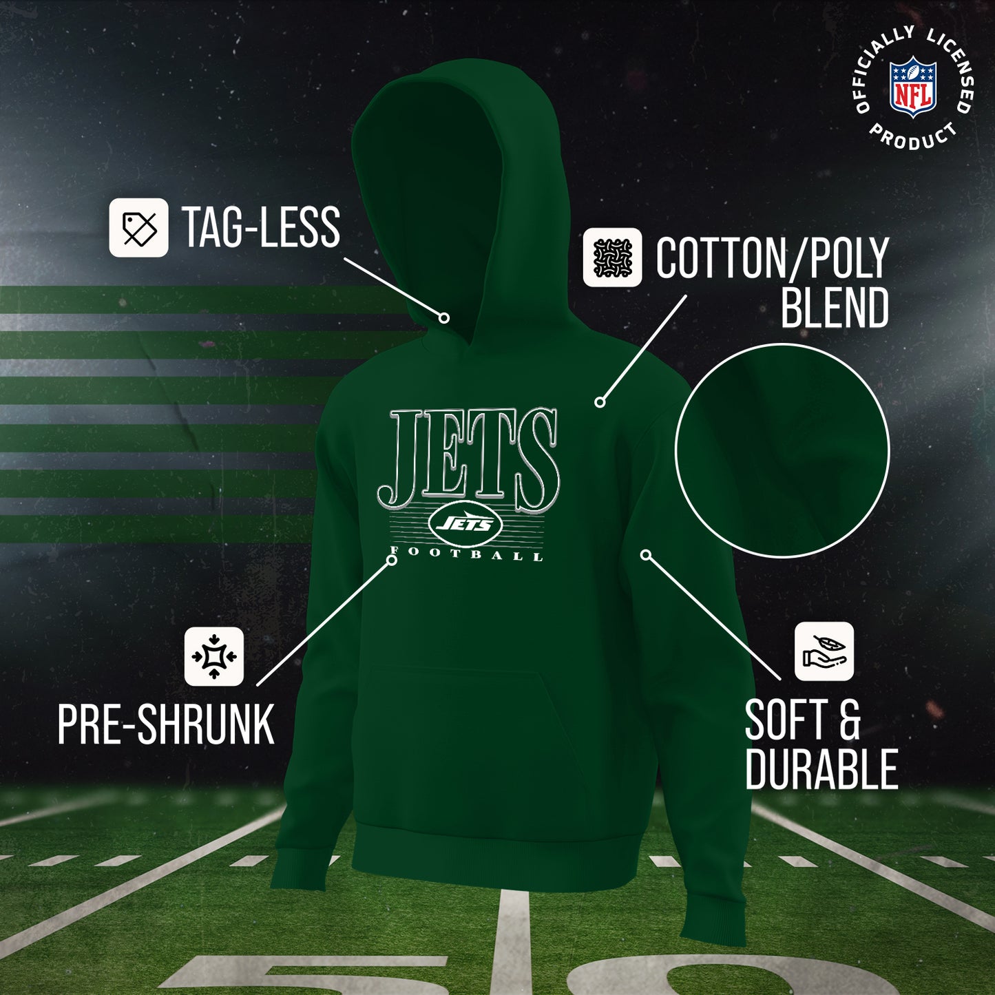New York Jets NFL Youth Overtime Blueprint Football Fleece Hooded Sweatshirt - Forest Green