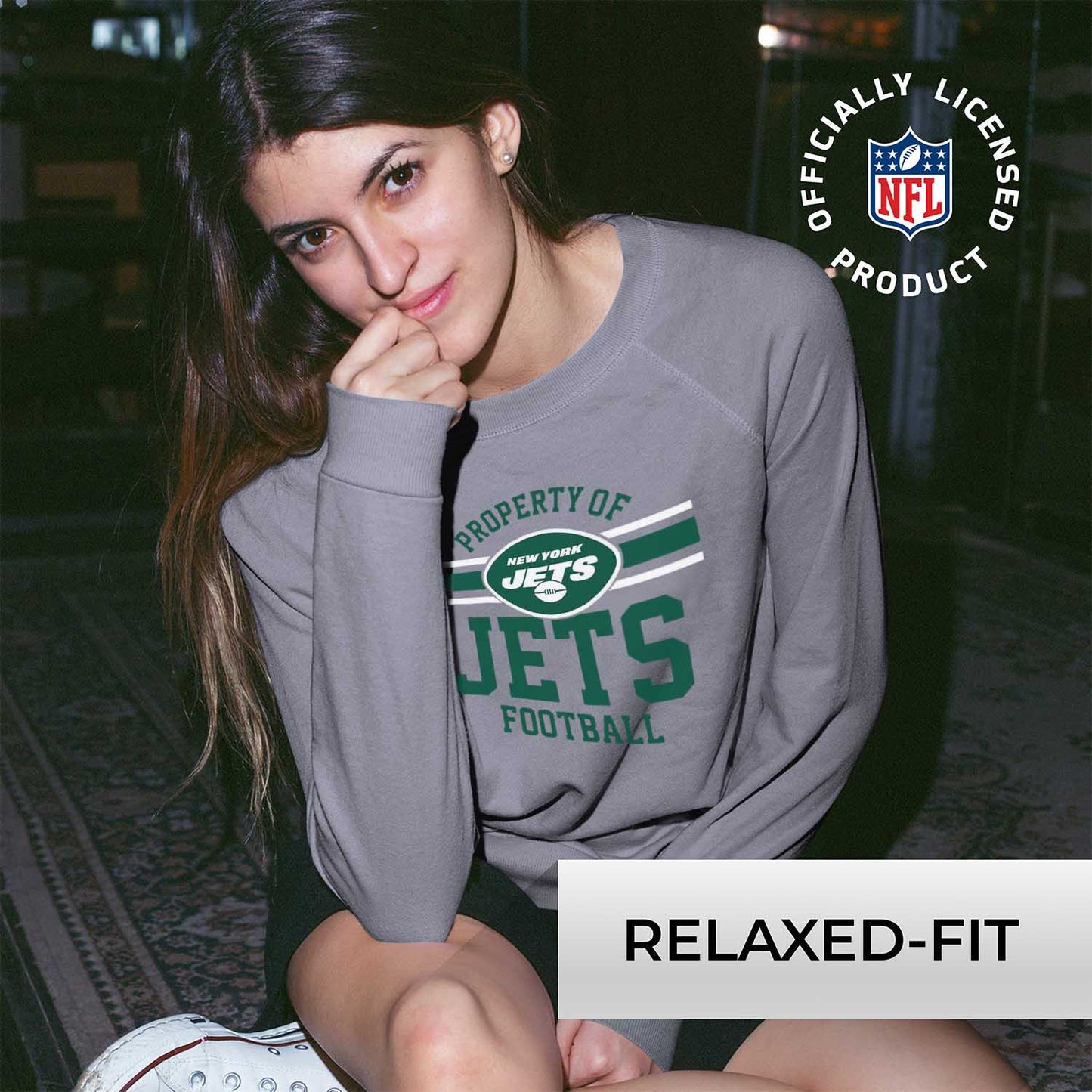 New York Jets NFL Womens Plus Size Property of Lightweight Crew Neck - Sport Gray