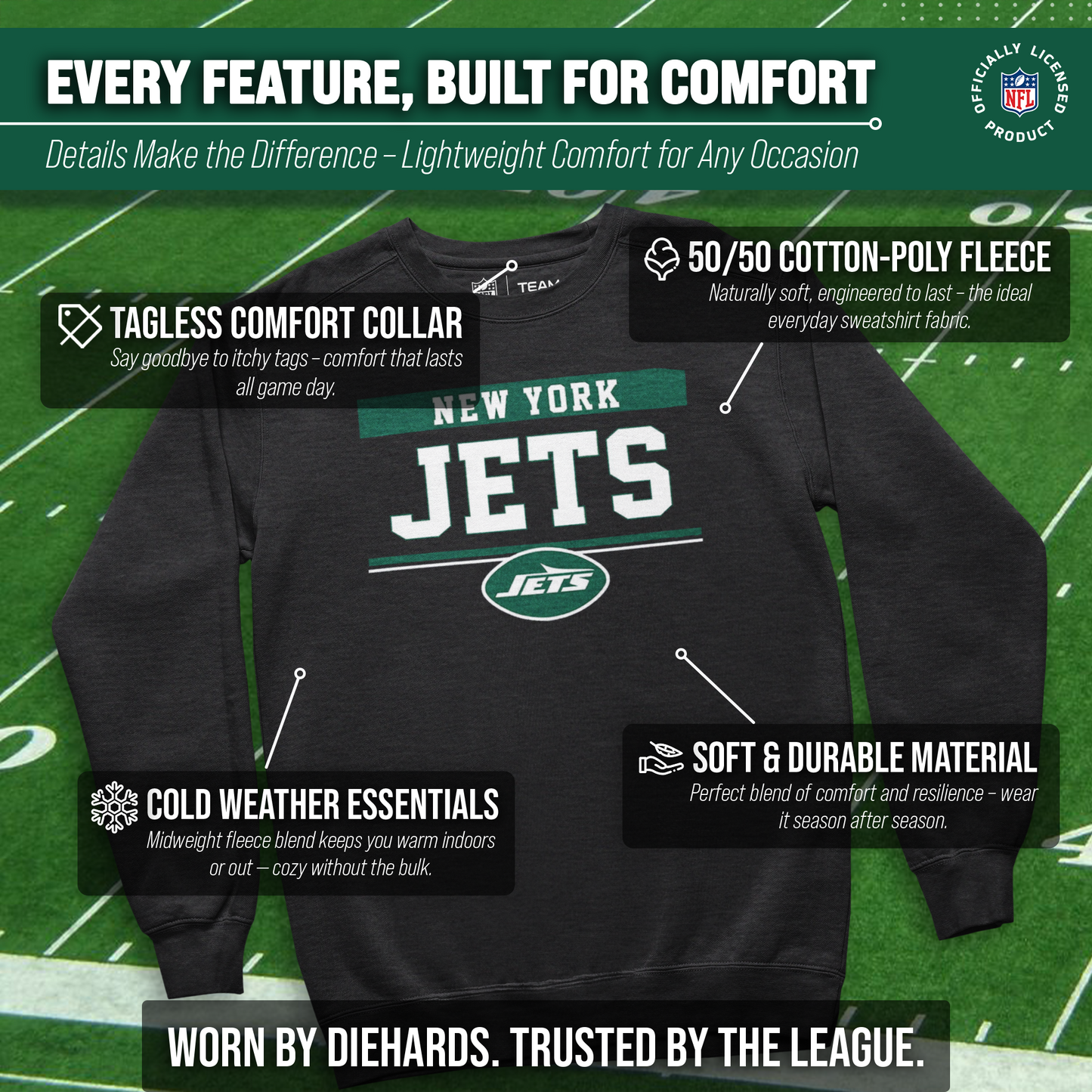 New York Jets NFL Adult Long Sleeve Team Block Charcoal Crewneck Sweatshirt - Charcoal