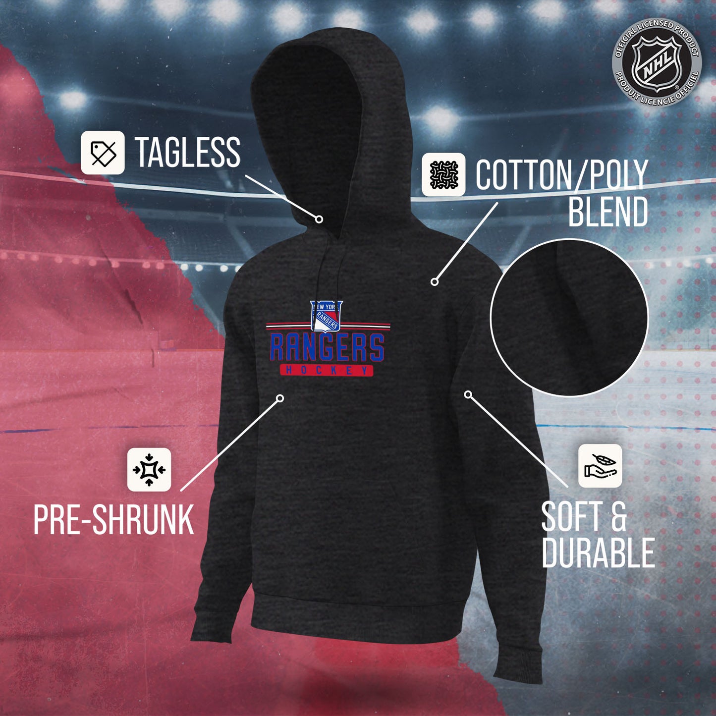 New York Rangers NHL Adult Heather Charcoal True Fan Hooded Sweatshirt Unisex - Charcoal