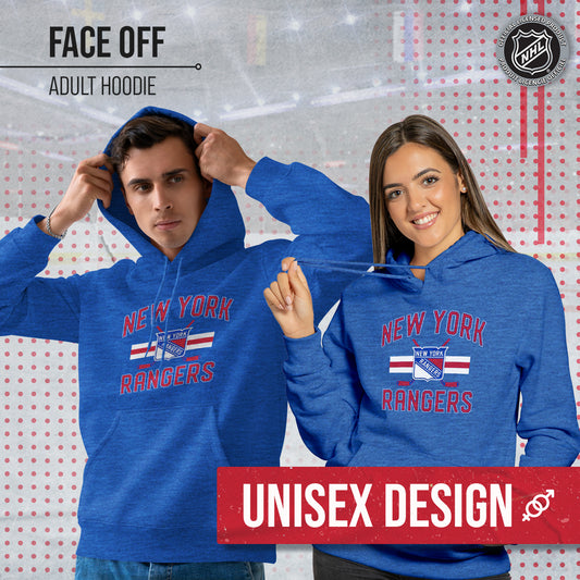 New York Rangers Adult NHL Faceoff Hockey Fleece Hooded Sweatshirt- Jersey Stripe - Royal