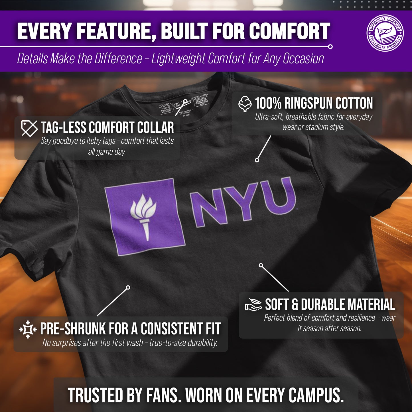 NYU Violets NCAA Adult Gameday Cotton T-Shirt - Black