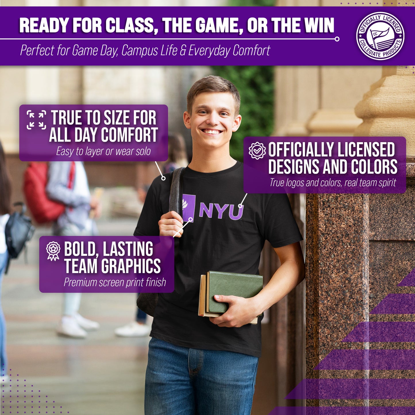 NYU Violets NCAA Adult Gameday Cotton T-Shirt - Black