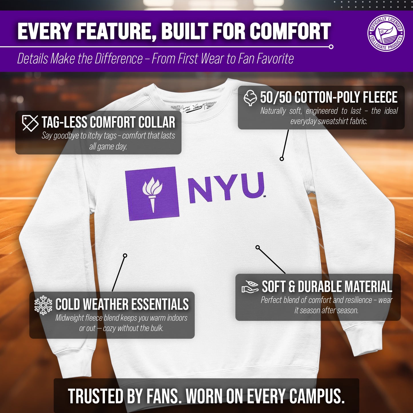 NYU Violets Adult Arch & Logo Soft Style Gameday Crewneck Sweatshirt - White