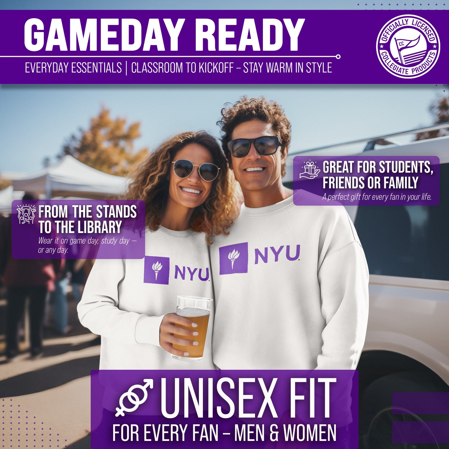 NYU Violets Adult Arch & Logo Soft Style Gameday Crewneck Sweatshirt - White