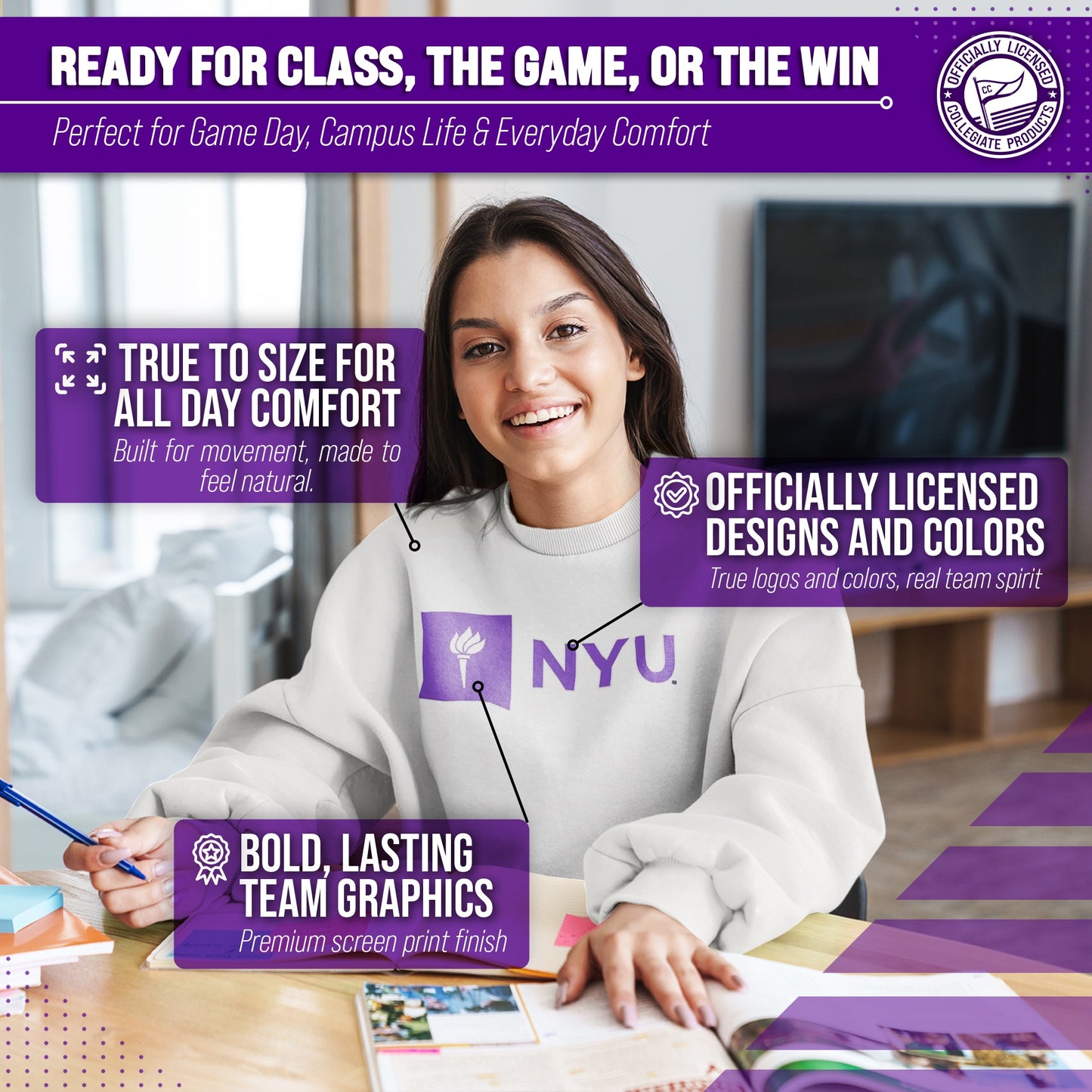 NYU Violets Adult Arch & Logo Soft Style Gameday Crewneck Sweatshirt - White