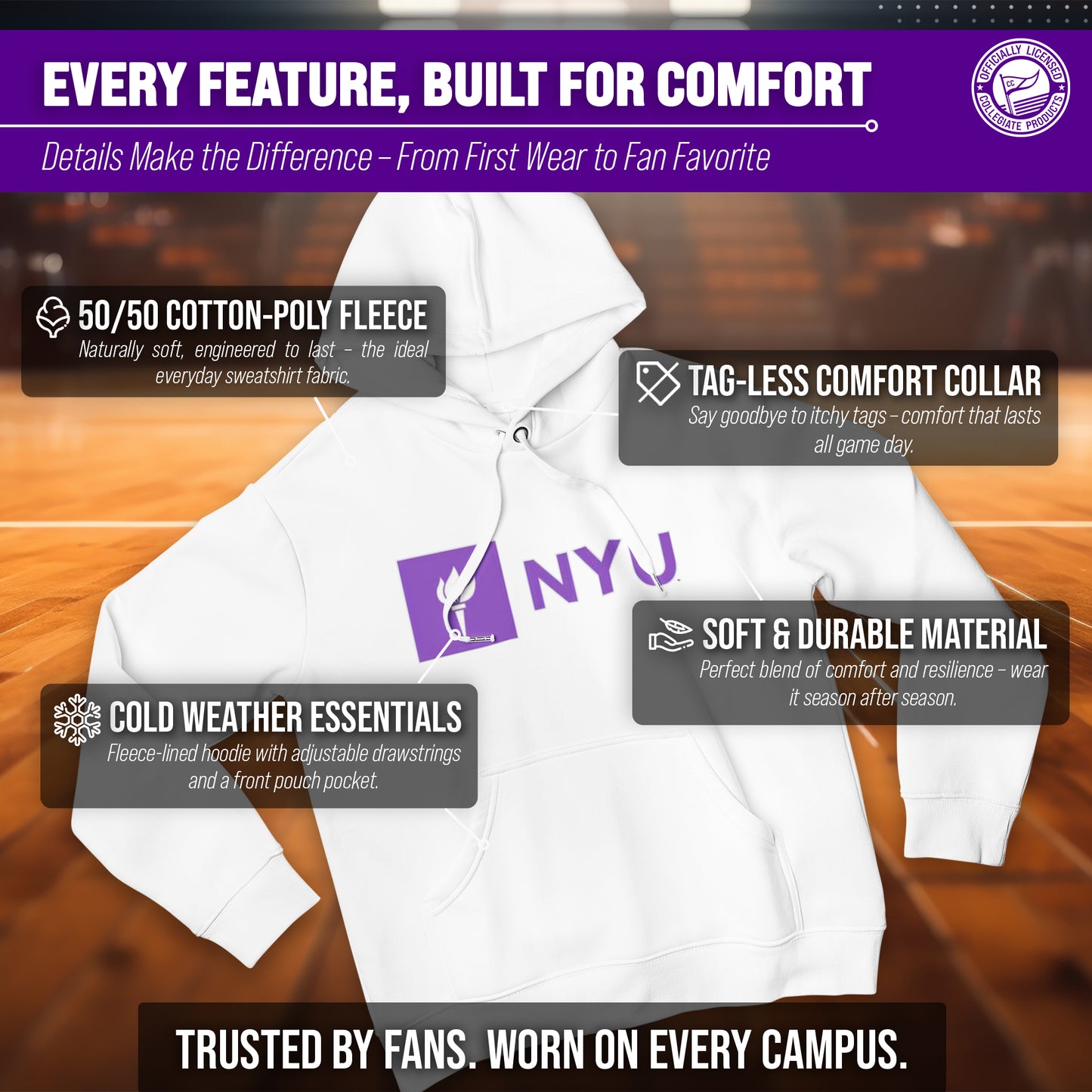 NYU Violets Adult Arch & Logo Soft Style Gameday Hooded Sweatshirt - White