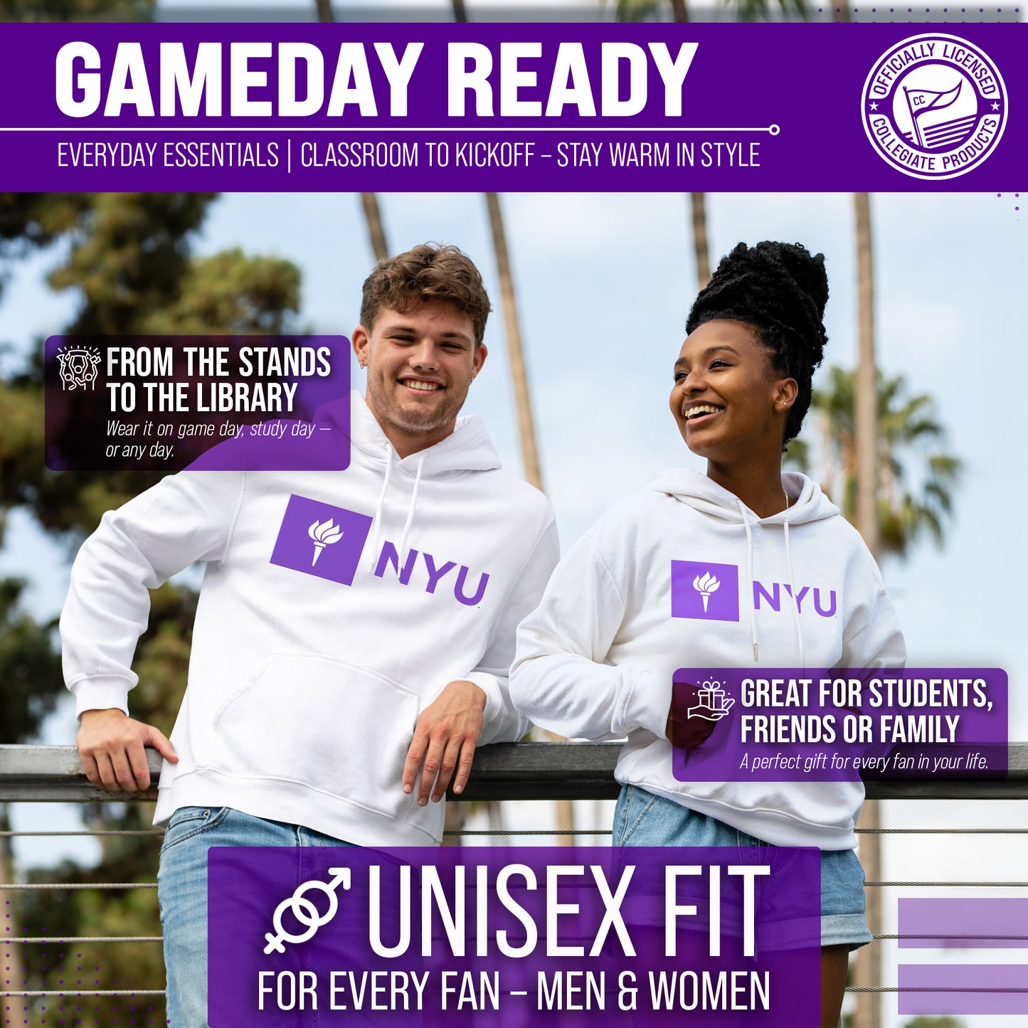 NYU Violets Adult Arch & Logo Soft Style Gameday Hooded Sweatshirt - White