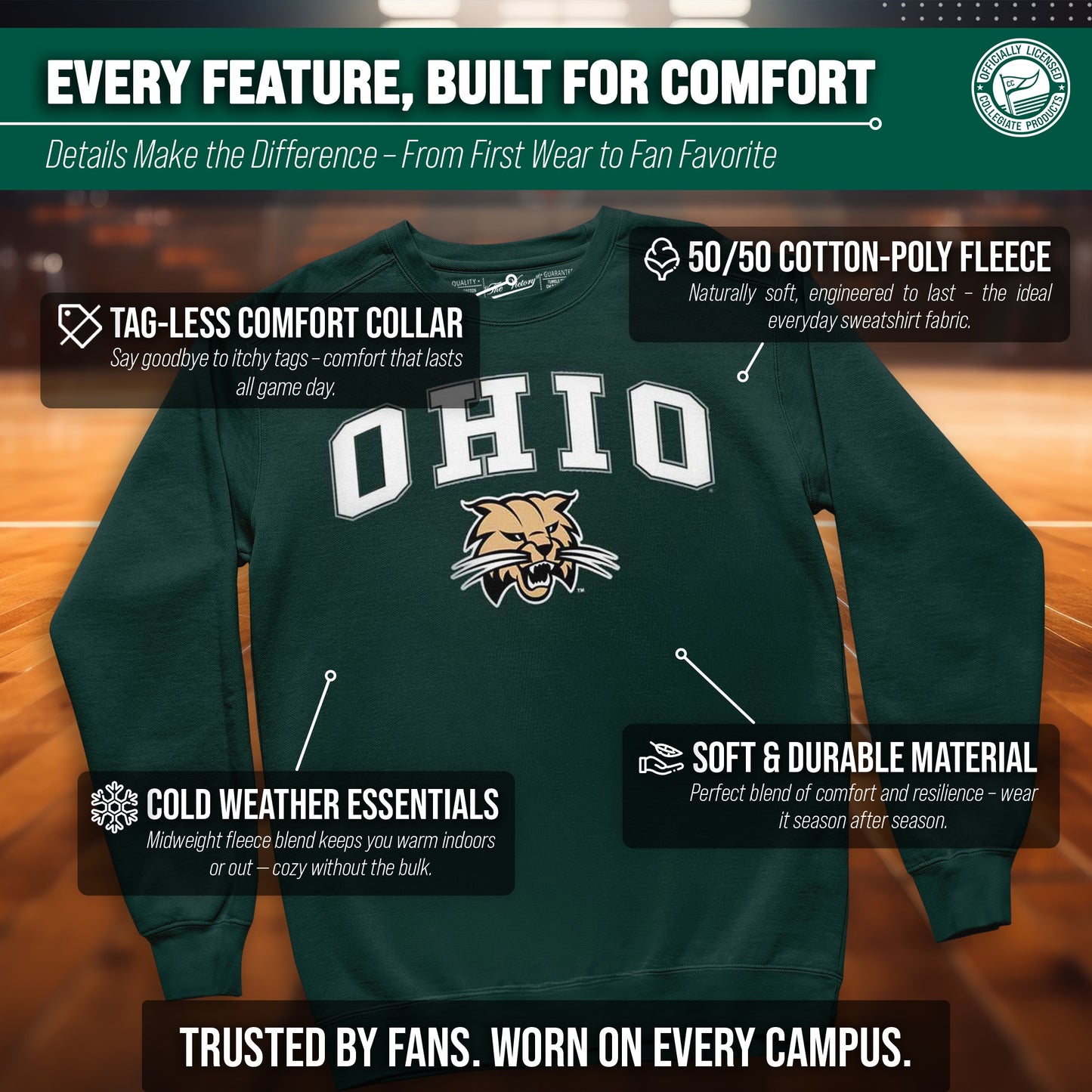 Ohio Bobcats Adult Arch & Logo Soft Style Gameday Crewneck Sweatshirt - Green